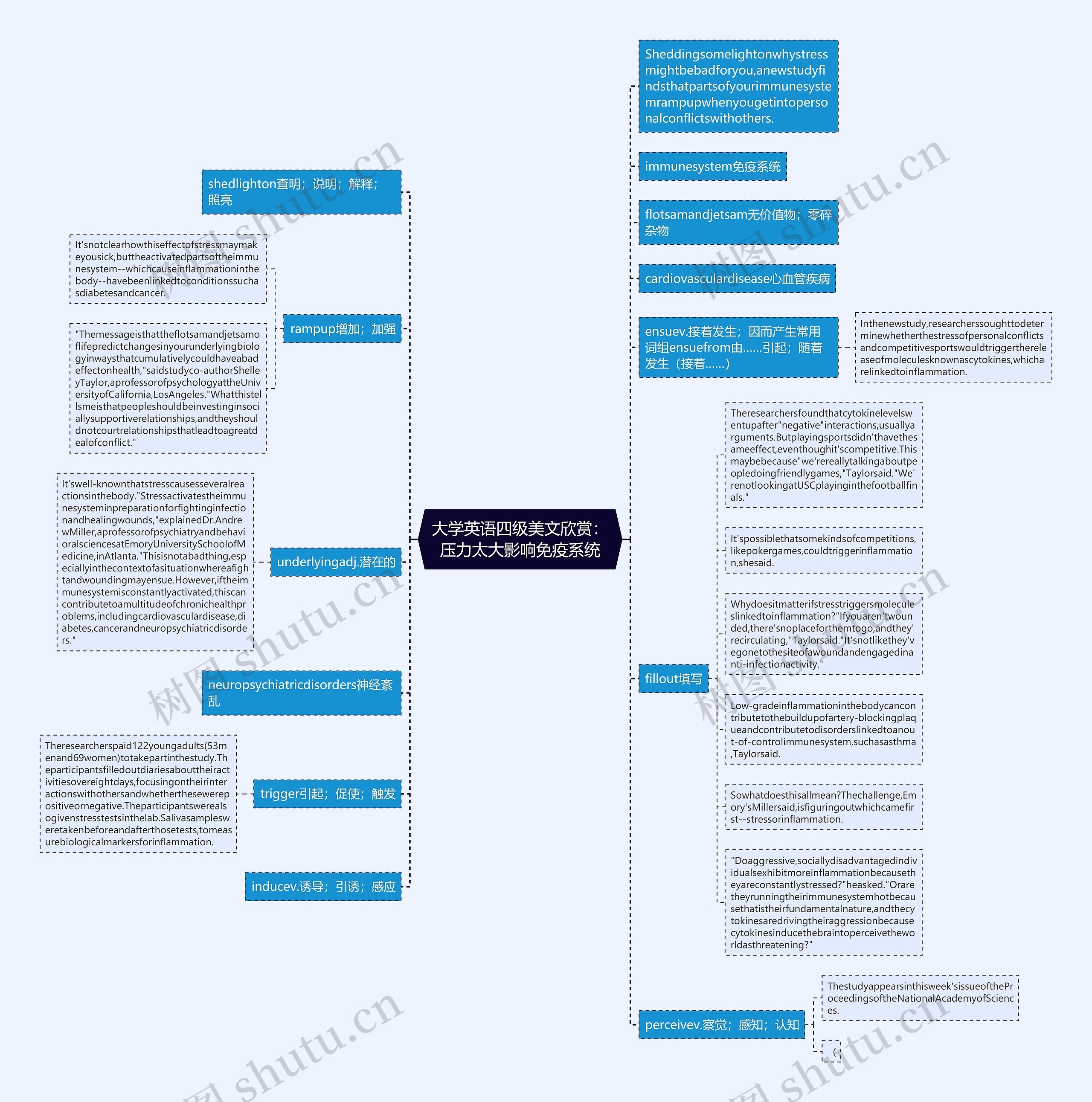 大学英语四级美文欣赏：压力太大影响免疫系统思维导图