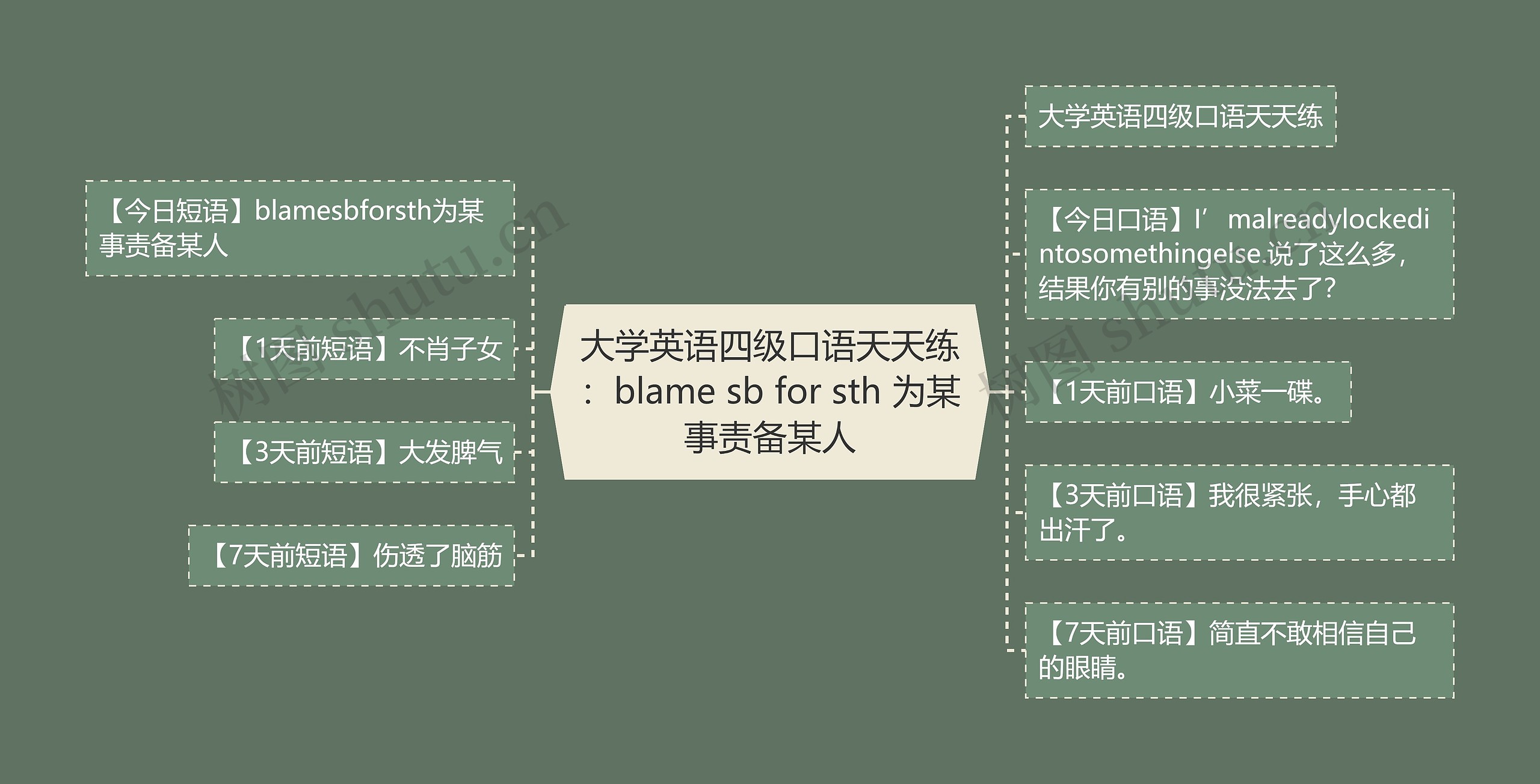 大学英语四级口语天天练：blame sb for sth 为某事责备某人思维导图