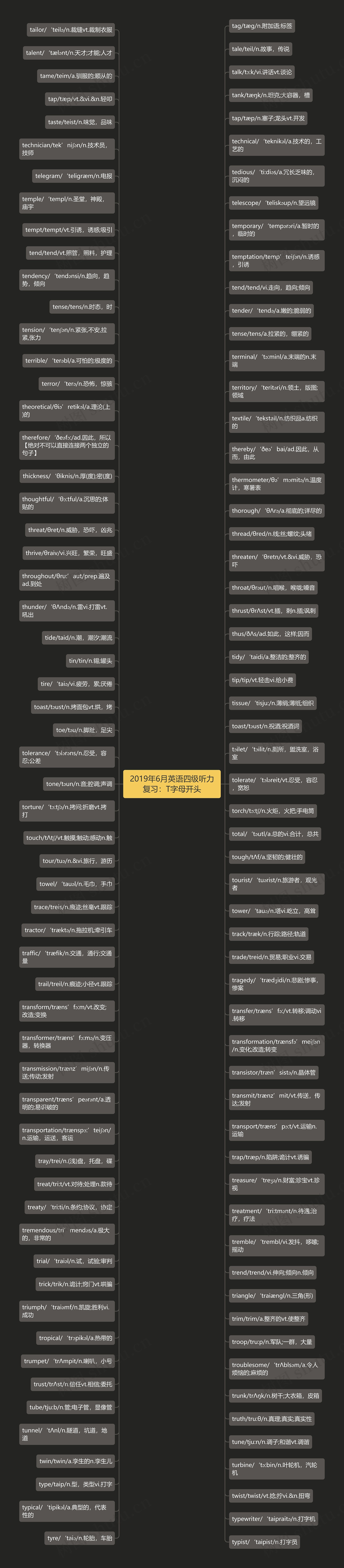 2019年6月英语四级听力复习：T字母开头思维导图