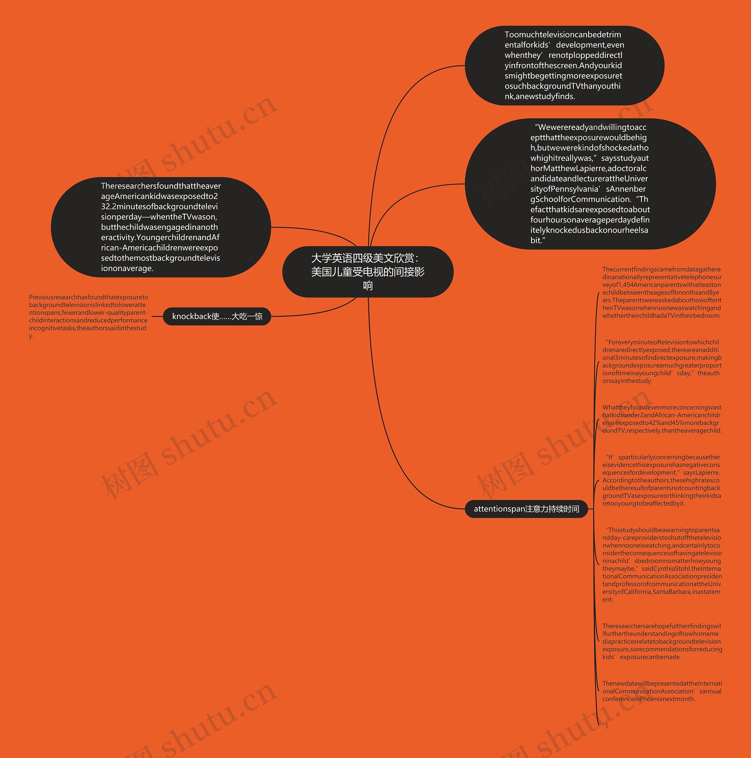 大学英语四级美文欣赏:美国儿童受电视的间接影响思维导图
