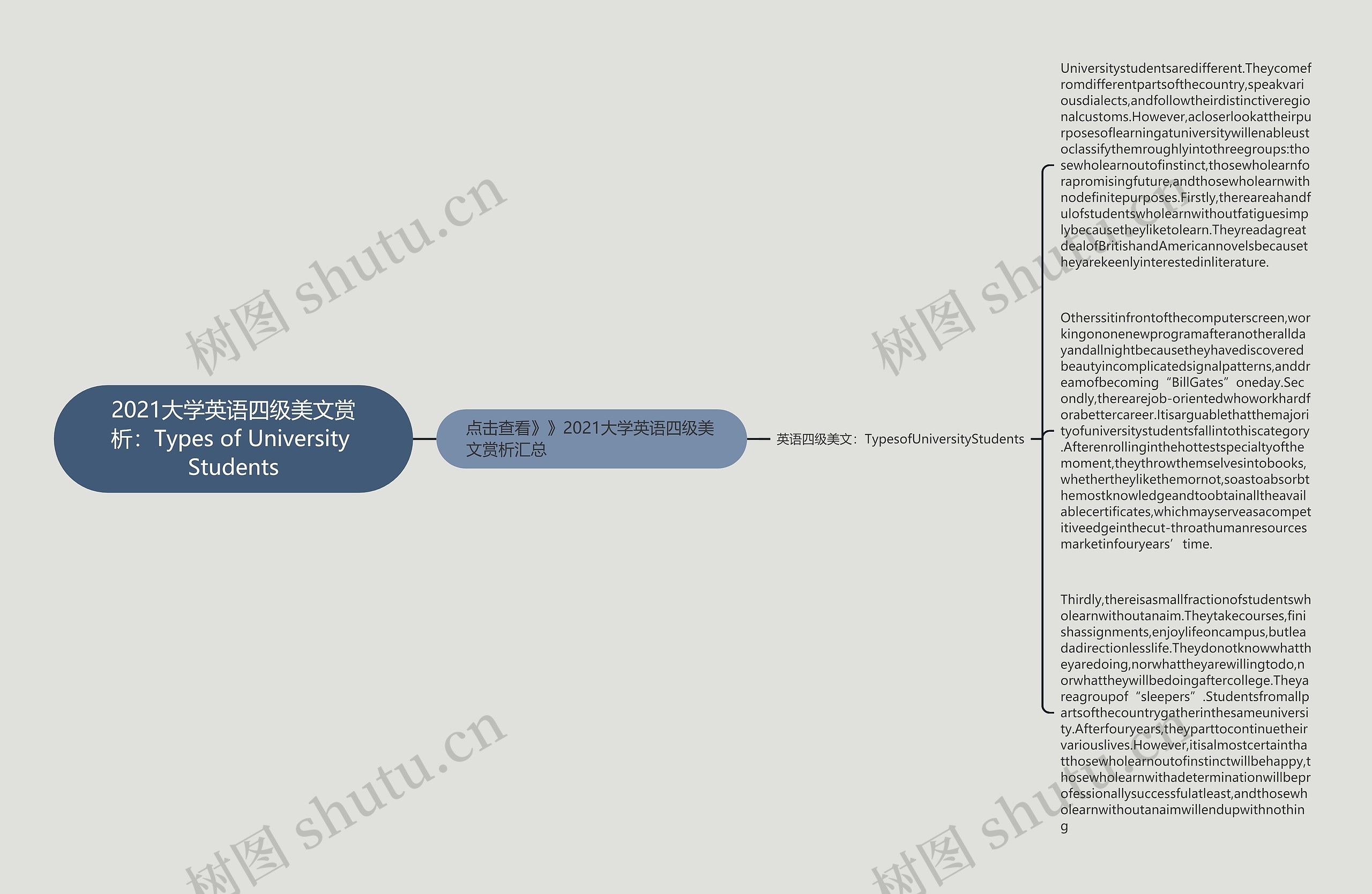 2021大学英语四级美文赏析：Types of University Students思维导图