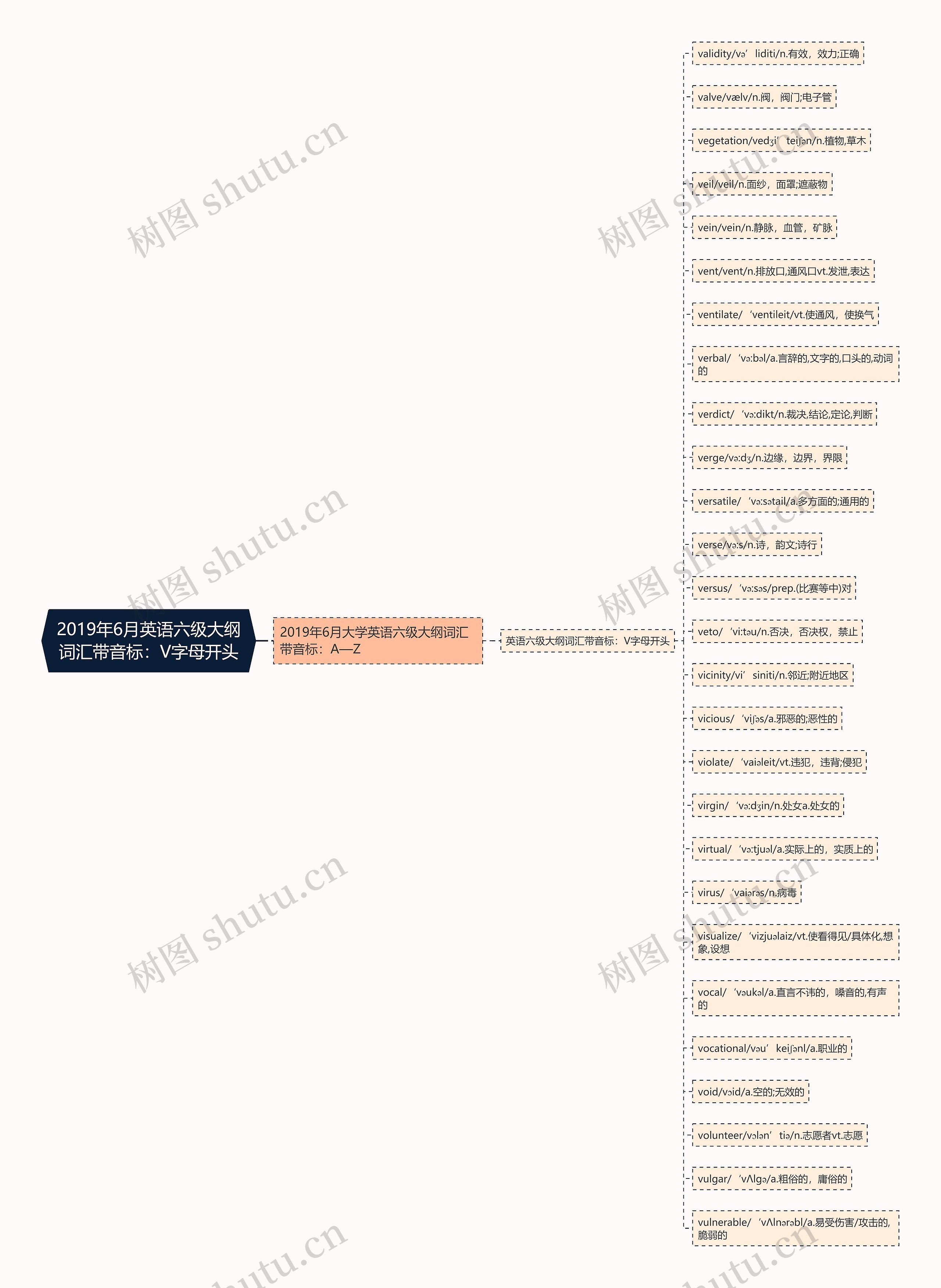 2019年6月英语六级大纲词汇带音标：V字母开头思维导图