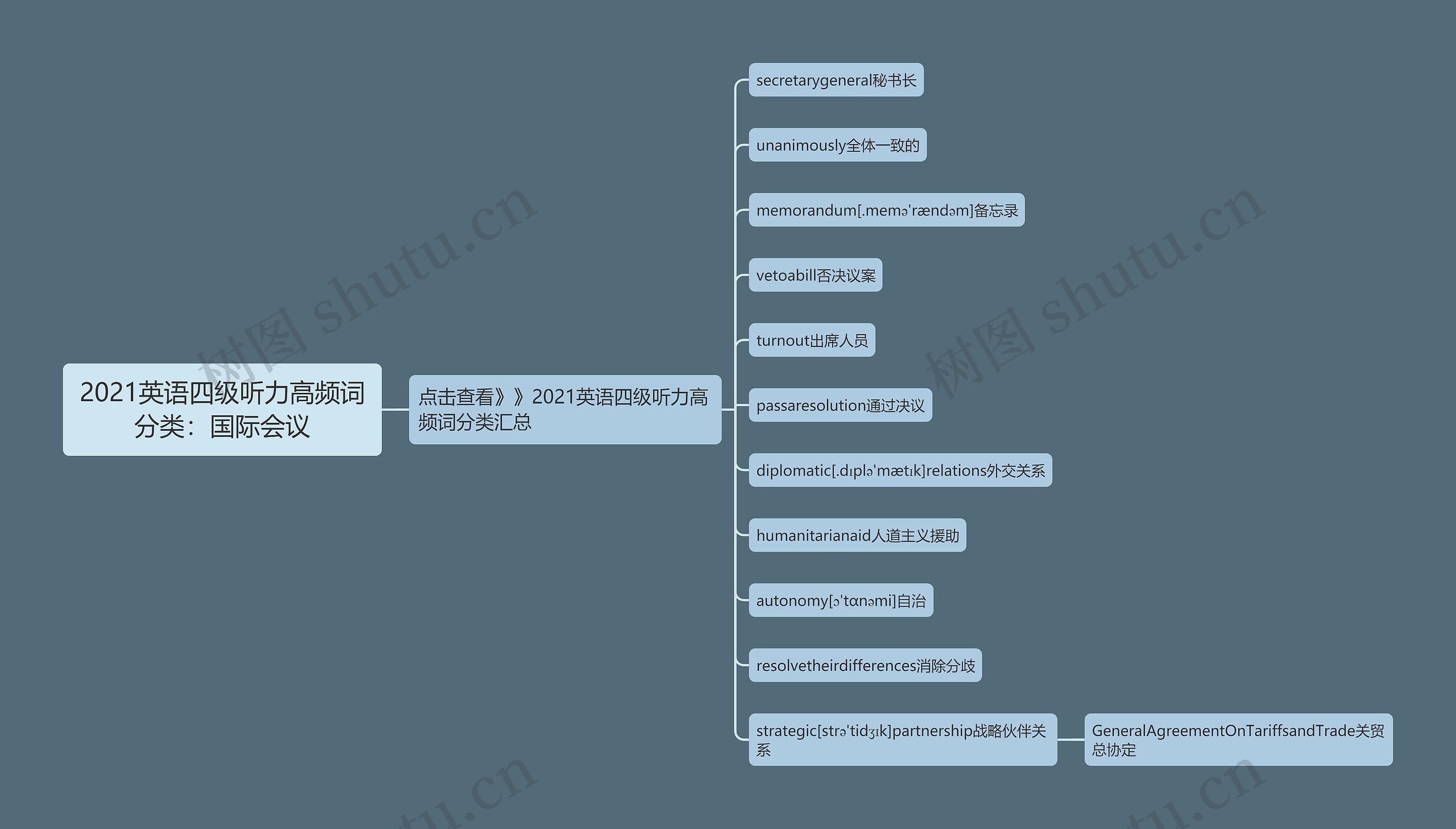 2021英语四级听力高频词分类：国际会议思维导图