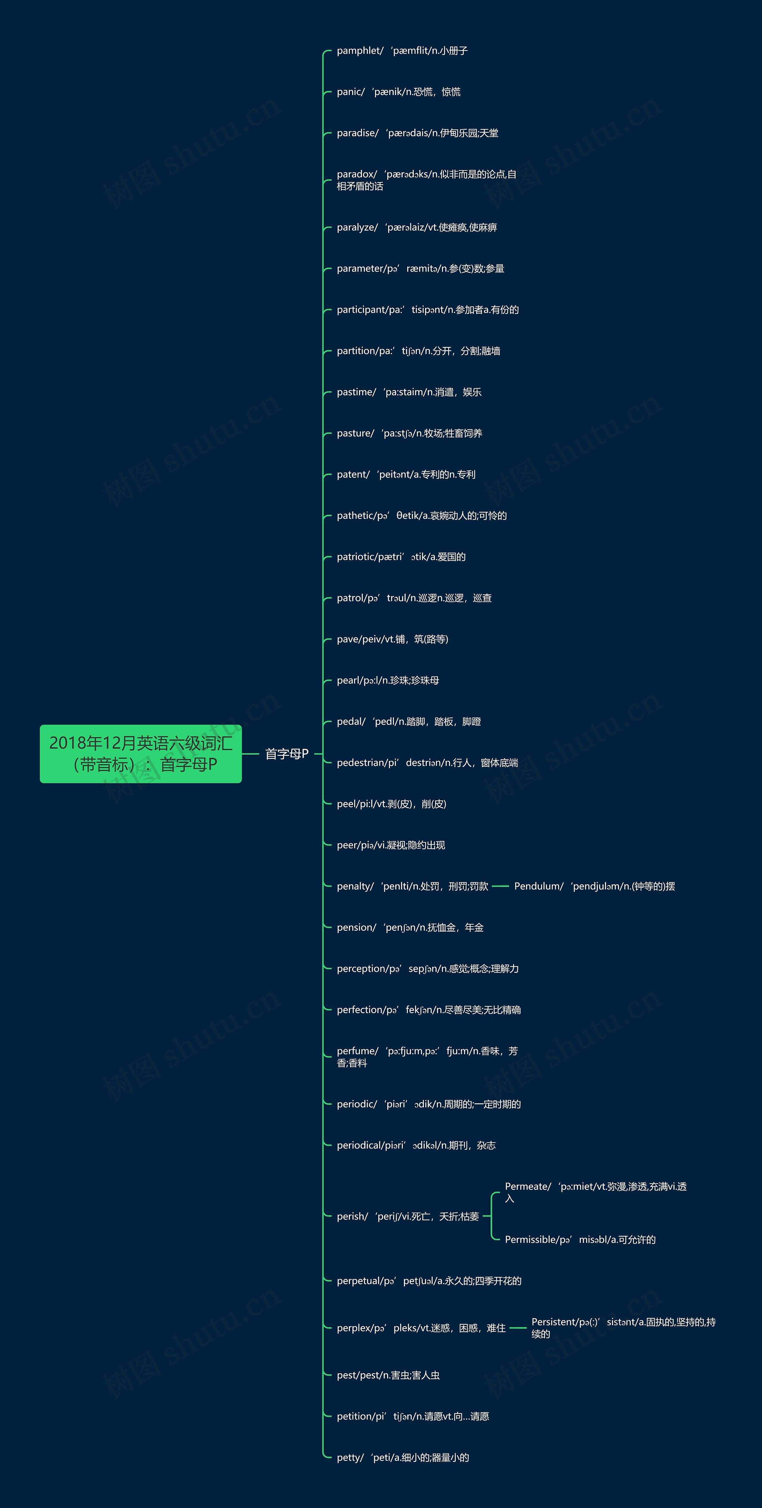 2018年12月英语六级词汇（带音标）：首字母P思维导图