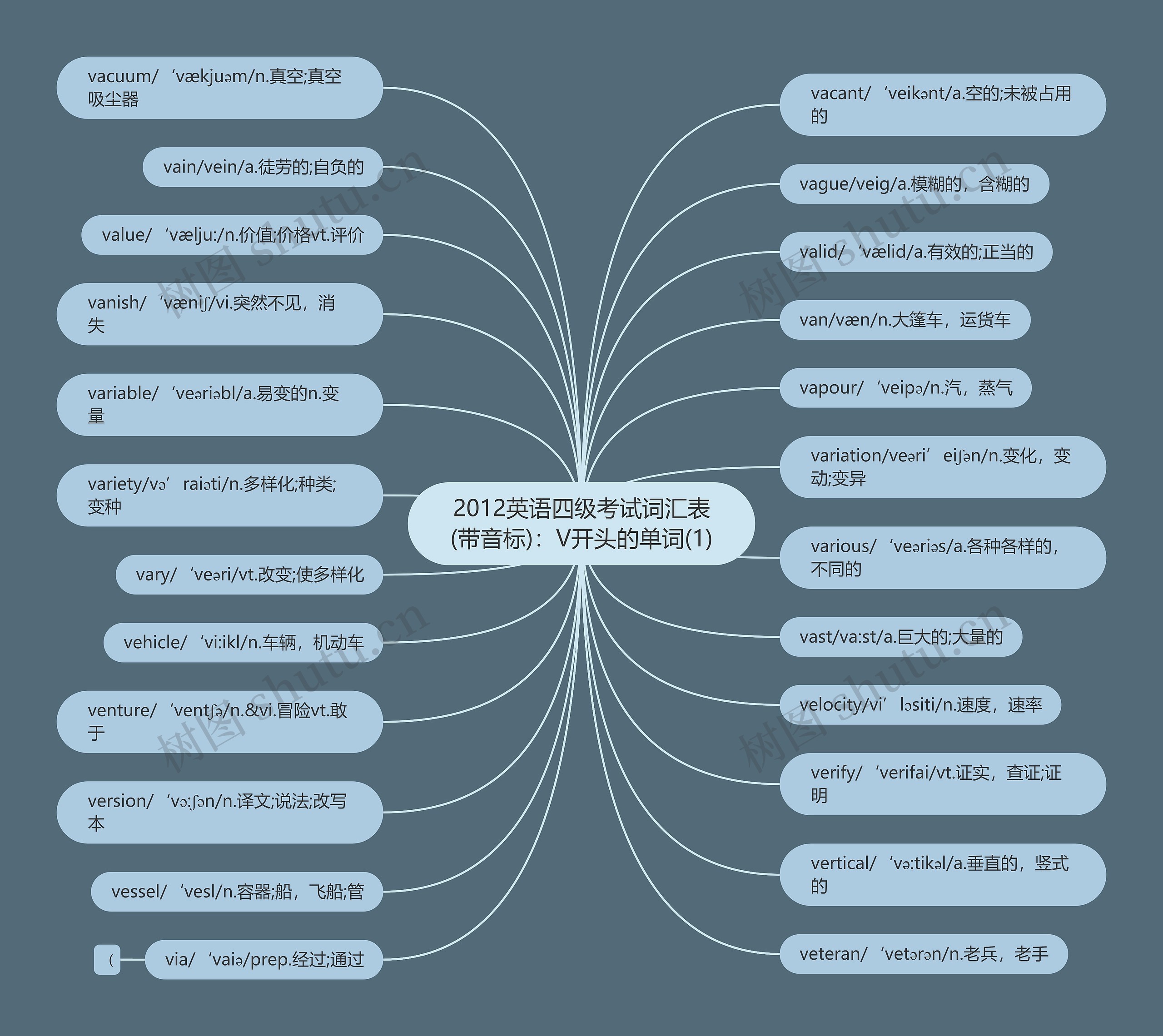 2012英语四级考试词汇表(带音标)：V开头的单词(1)思维导图