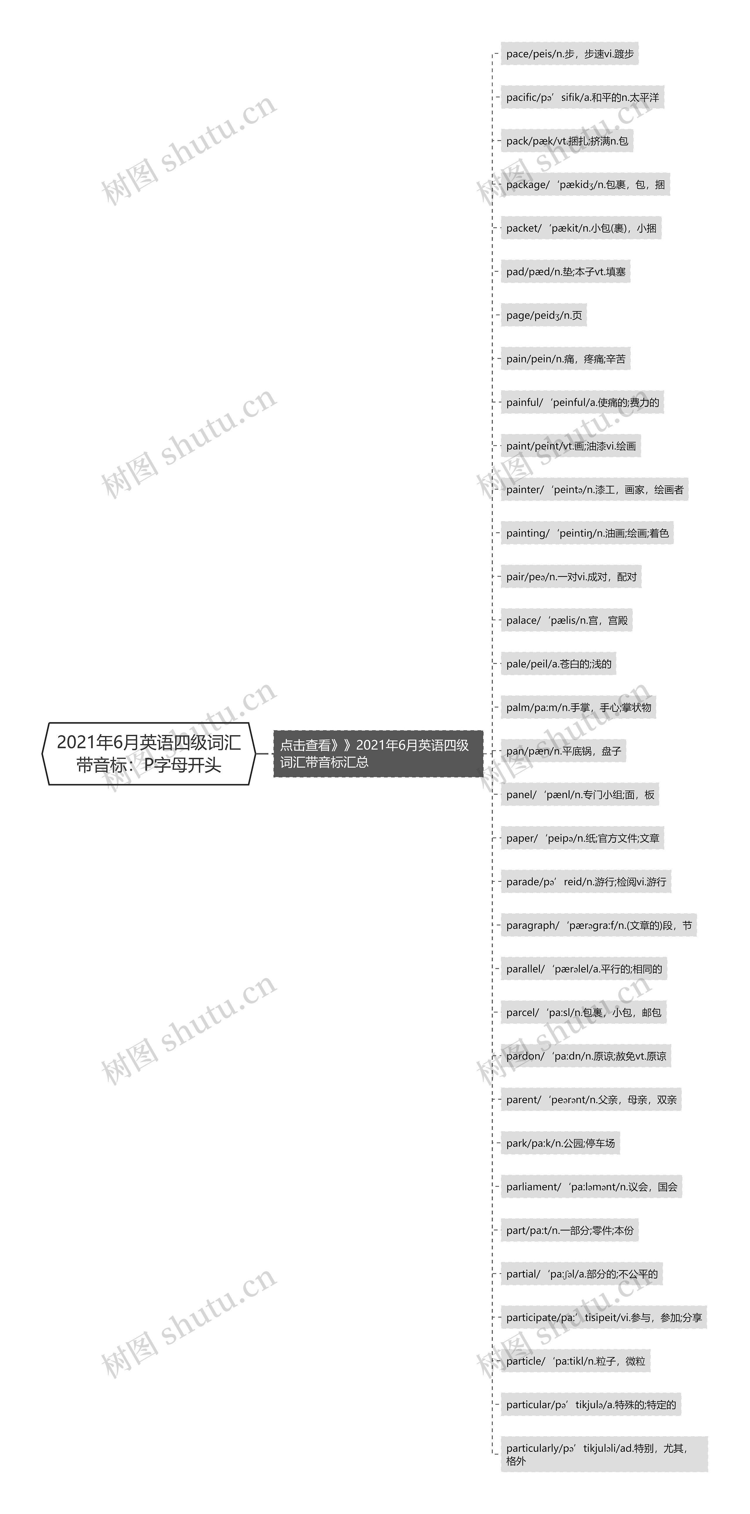 2021年6月英语四级词汇带音标：P字母开头思维导图