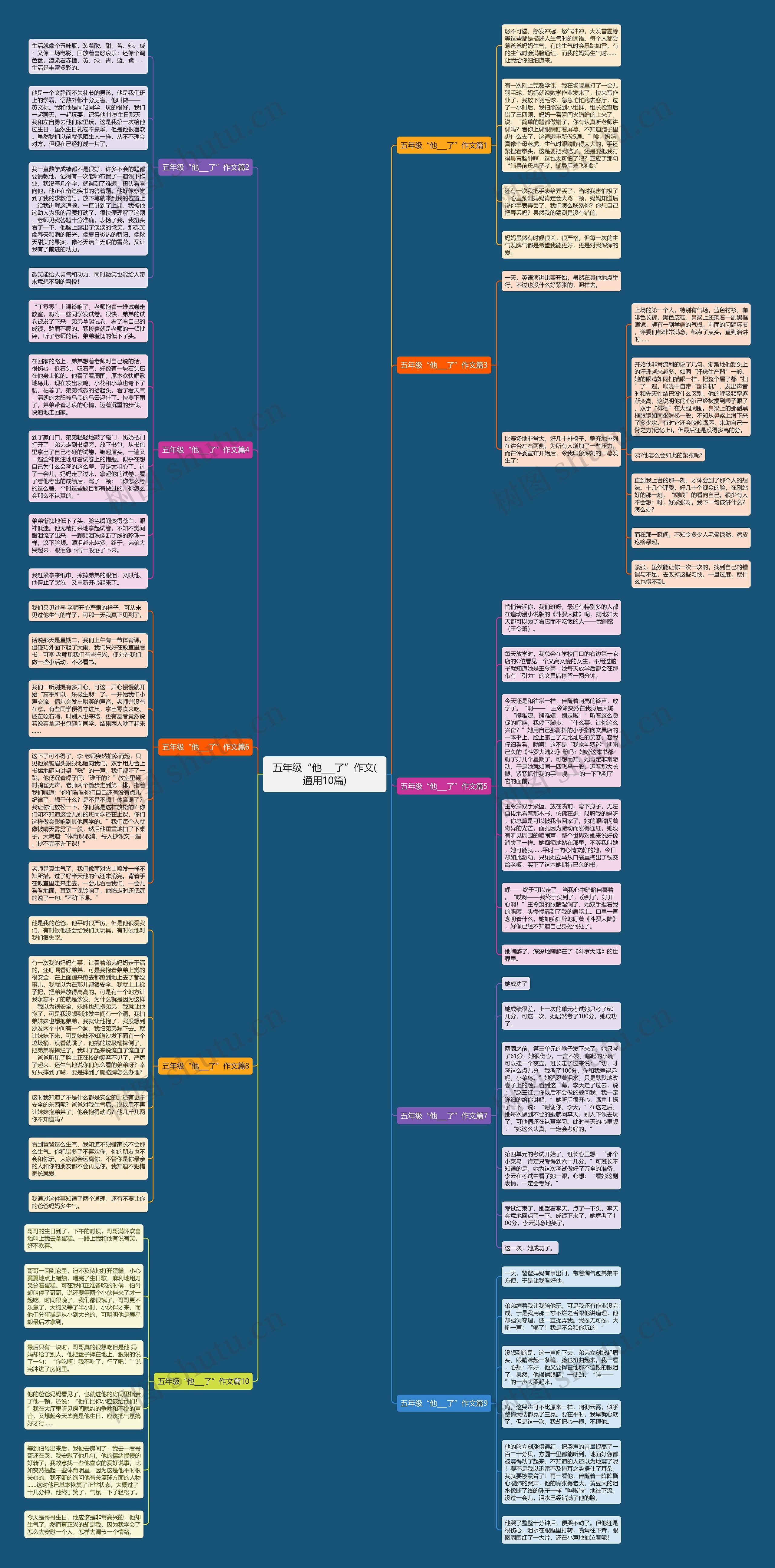 五年级“他___了”作文(通用10篇)思维导图