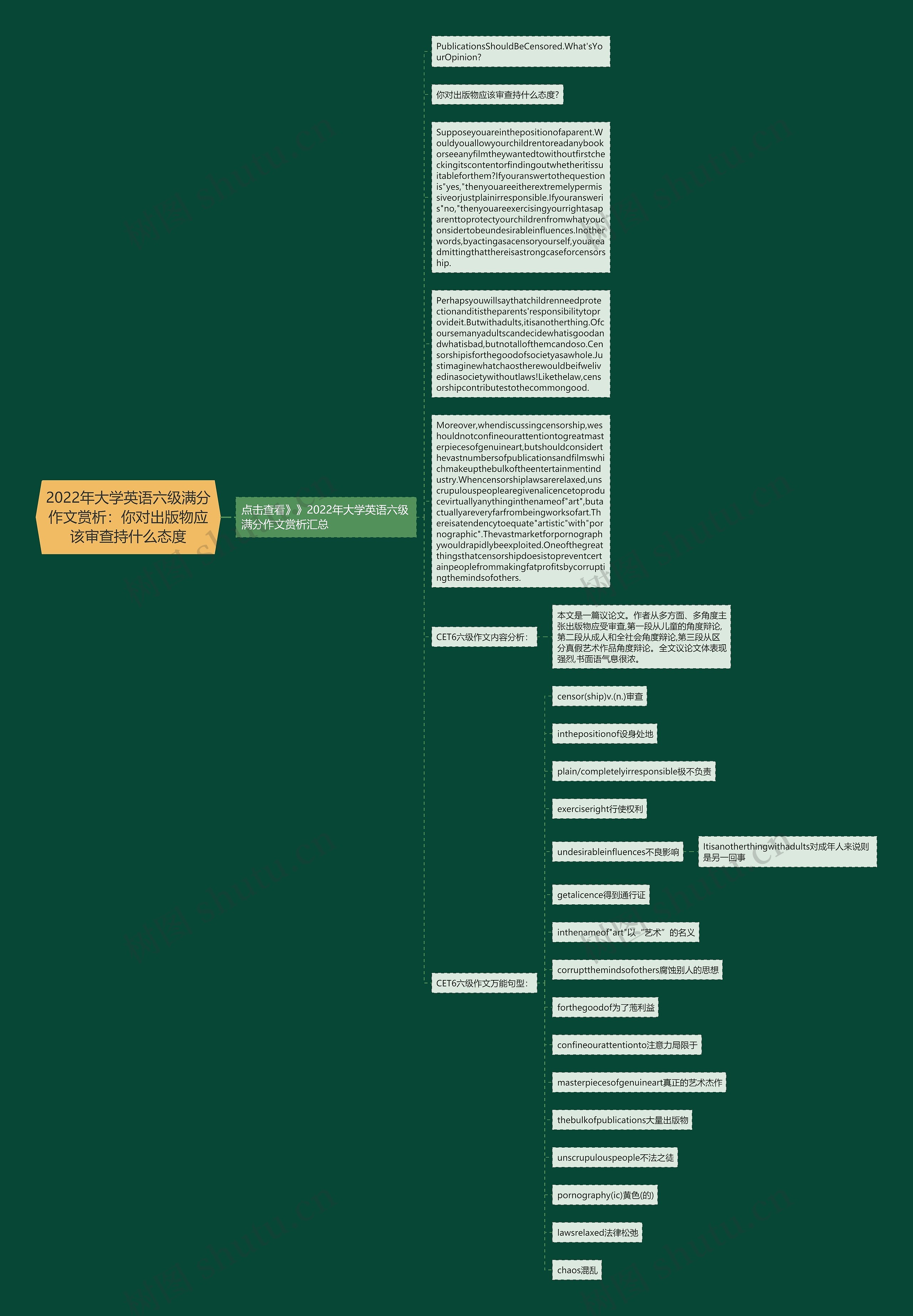 2022年大学英语六级满分作文赏析：你对出版物应该审查持什么态度思维导图