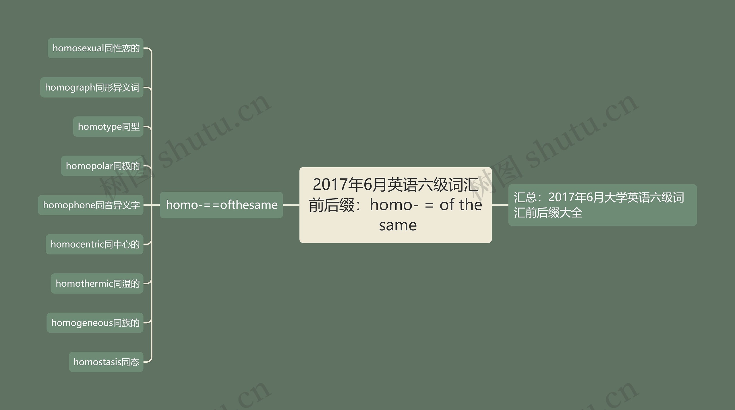 2017年6月英语六级词汇前后缀：homo- = of the same