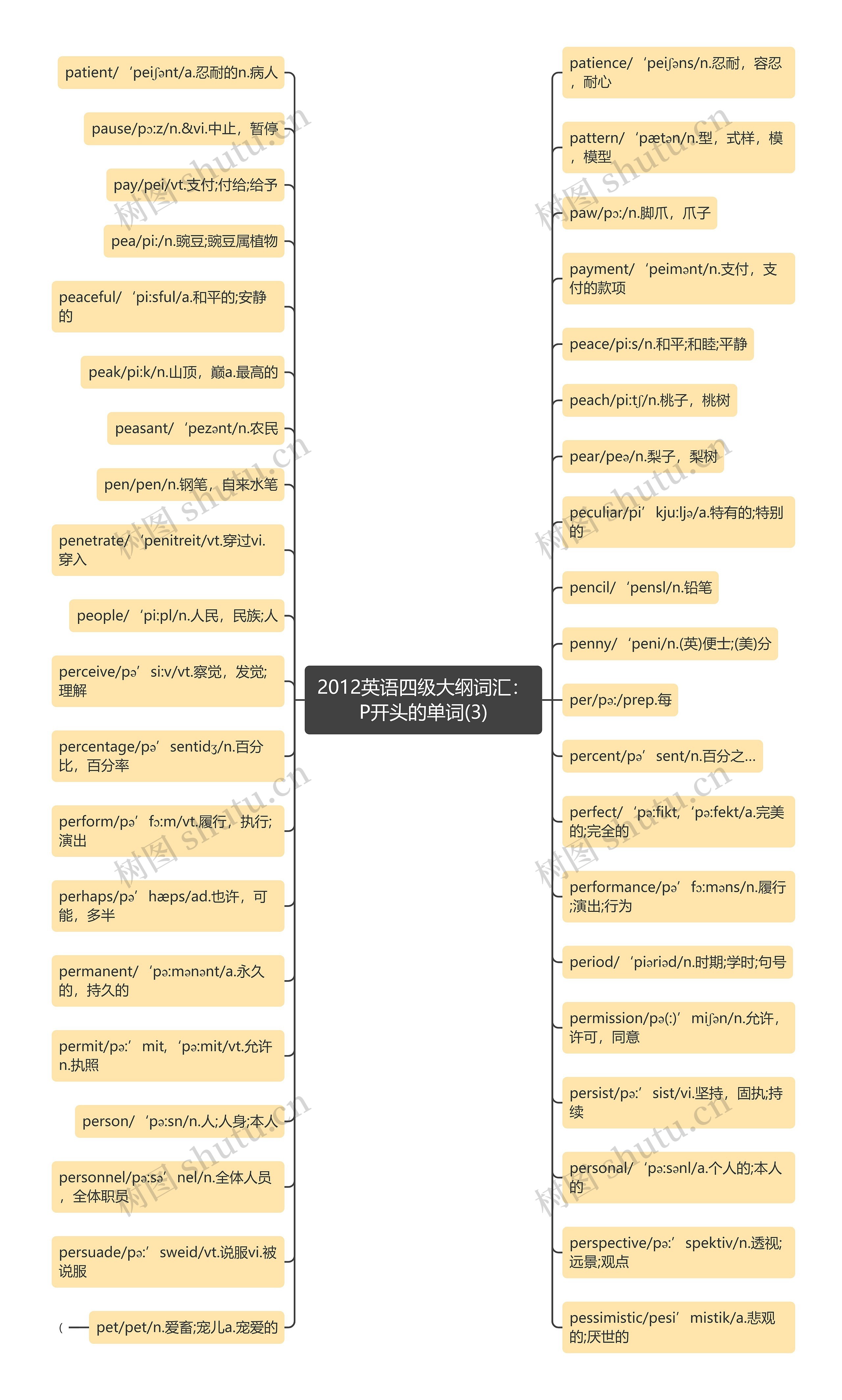 2012英语四级大纲词汇：P开头的单词(3)思维导图