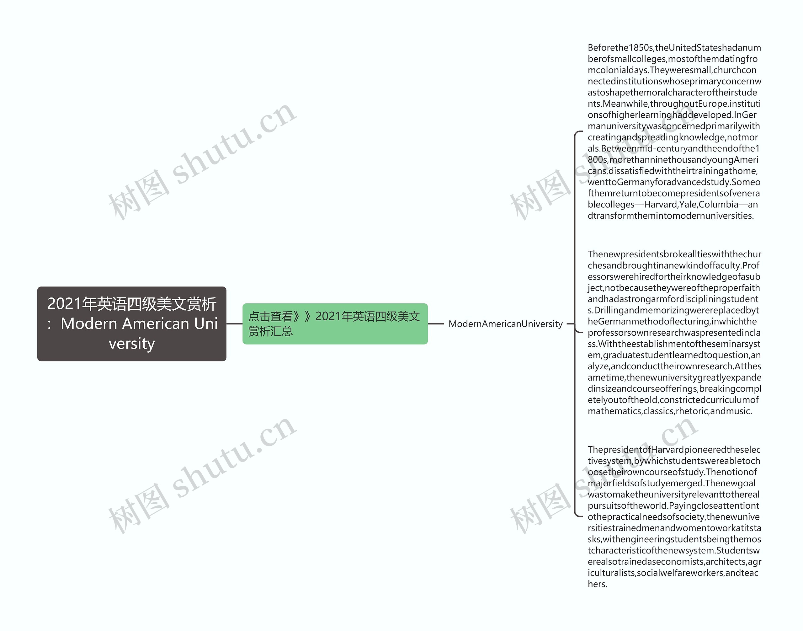 2021年英语四级美文赏析：Modern American University思维导图