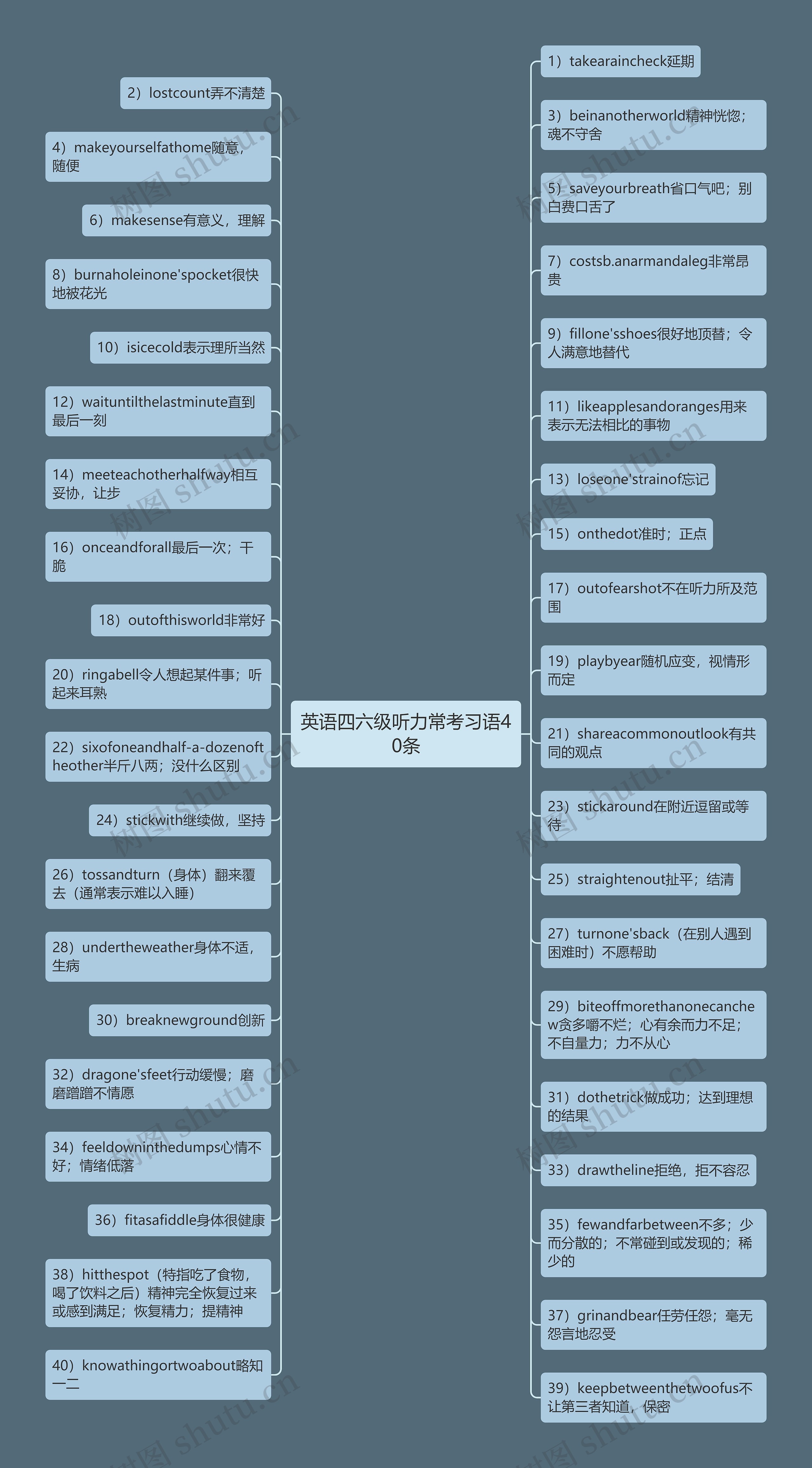 英语四六级听力常考习语40条思维导图