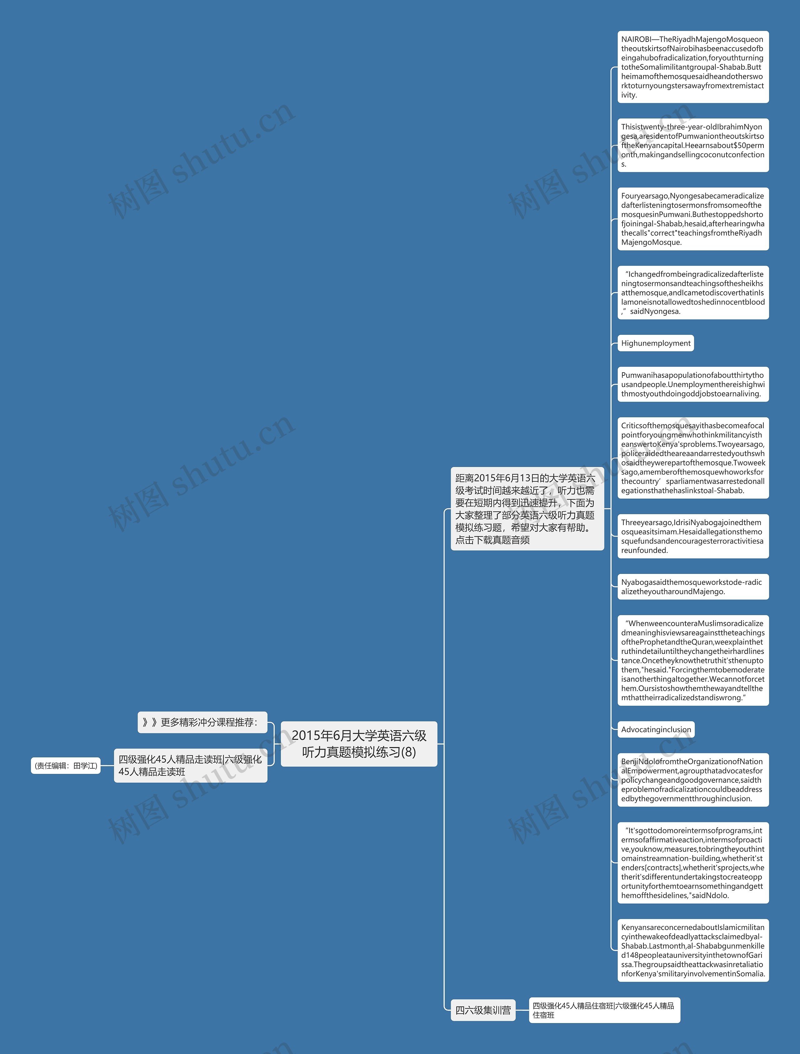 2015年6月大学英语六级听力真题模拟练习(8)思维导图