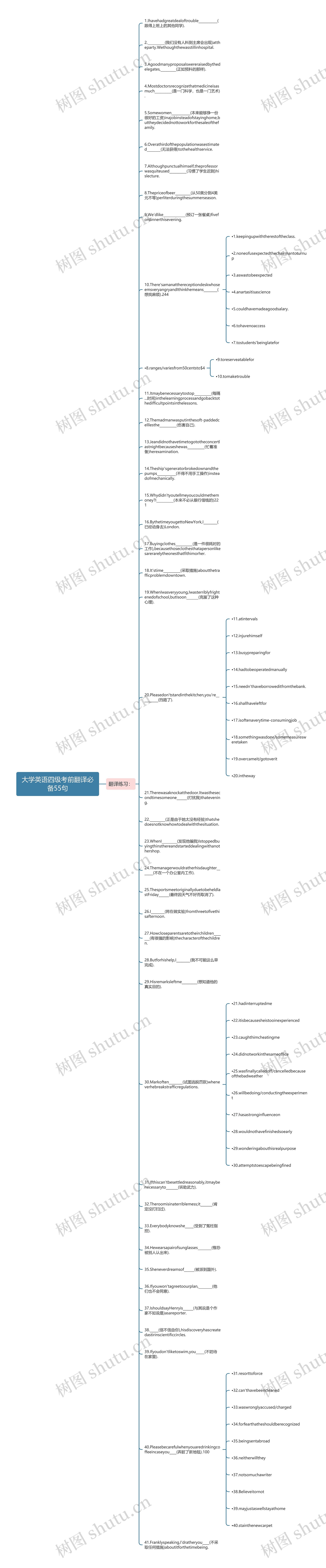 大学英语四级考前翻译必备55句思维导图