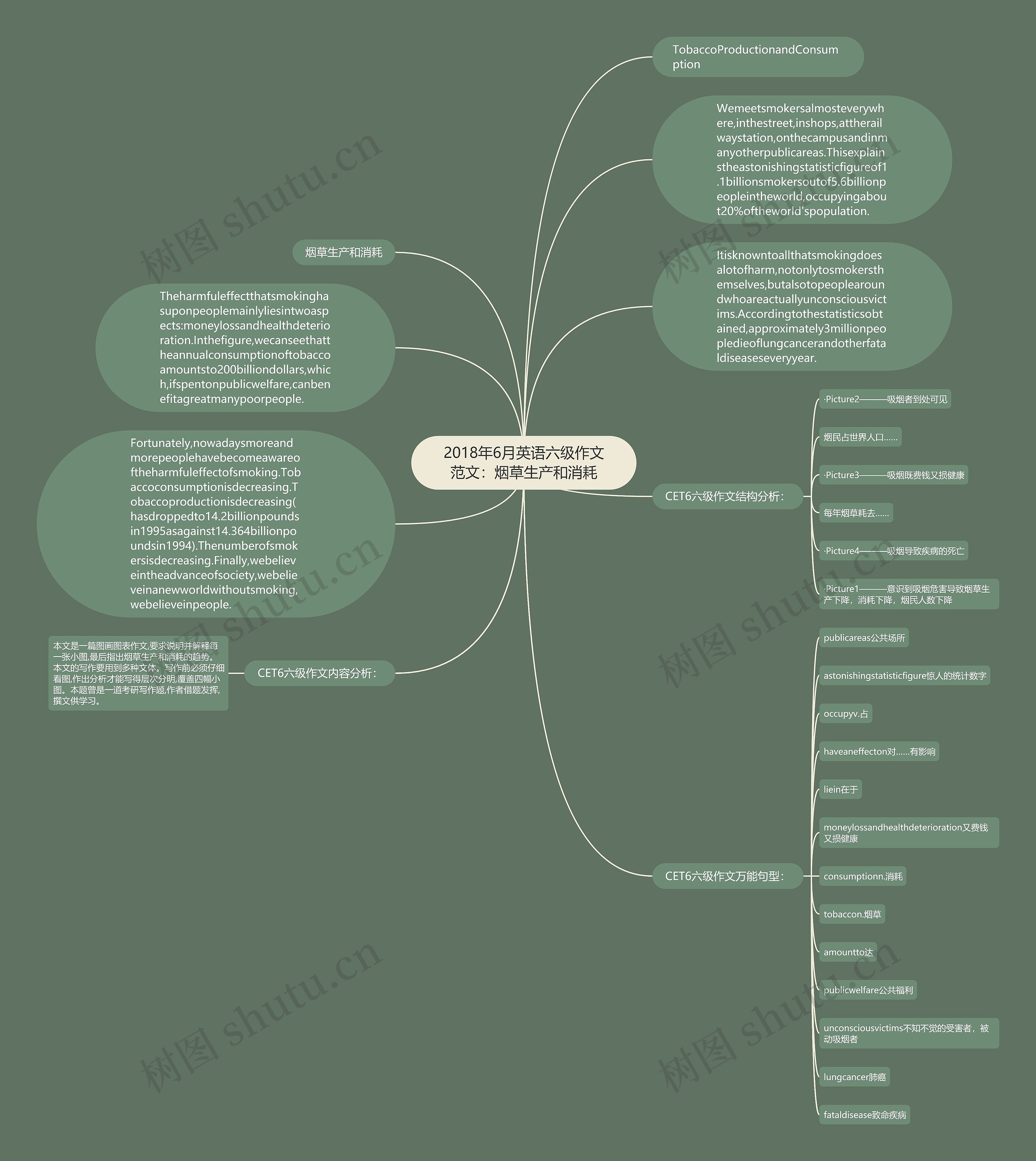 2018年6月英语六级作文范文：烟草生产和消耗思维导图