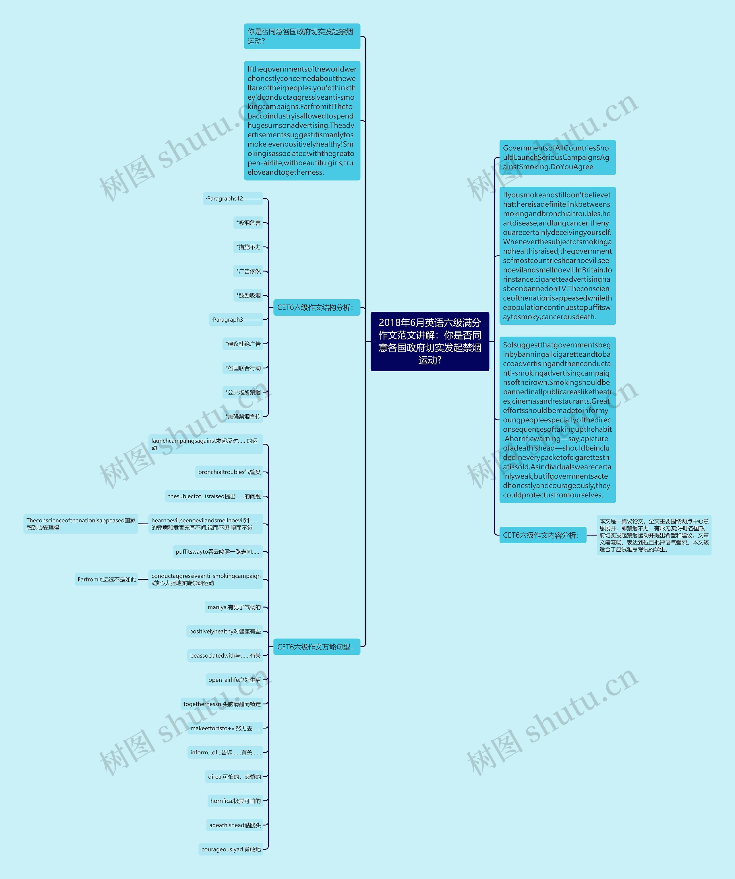 2018年6月英语六级满分作文范文讲解：你是否同意各国政府切实发起禁烟运动?思维导图