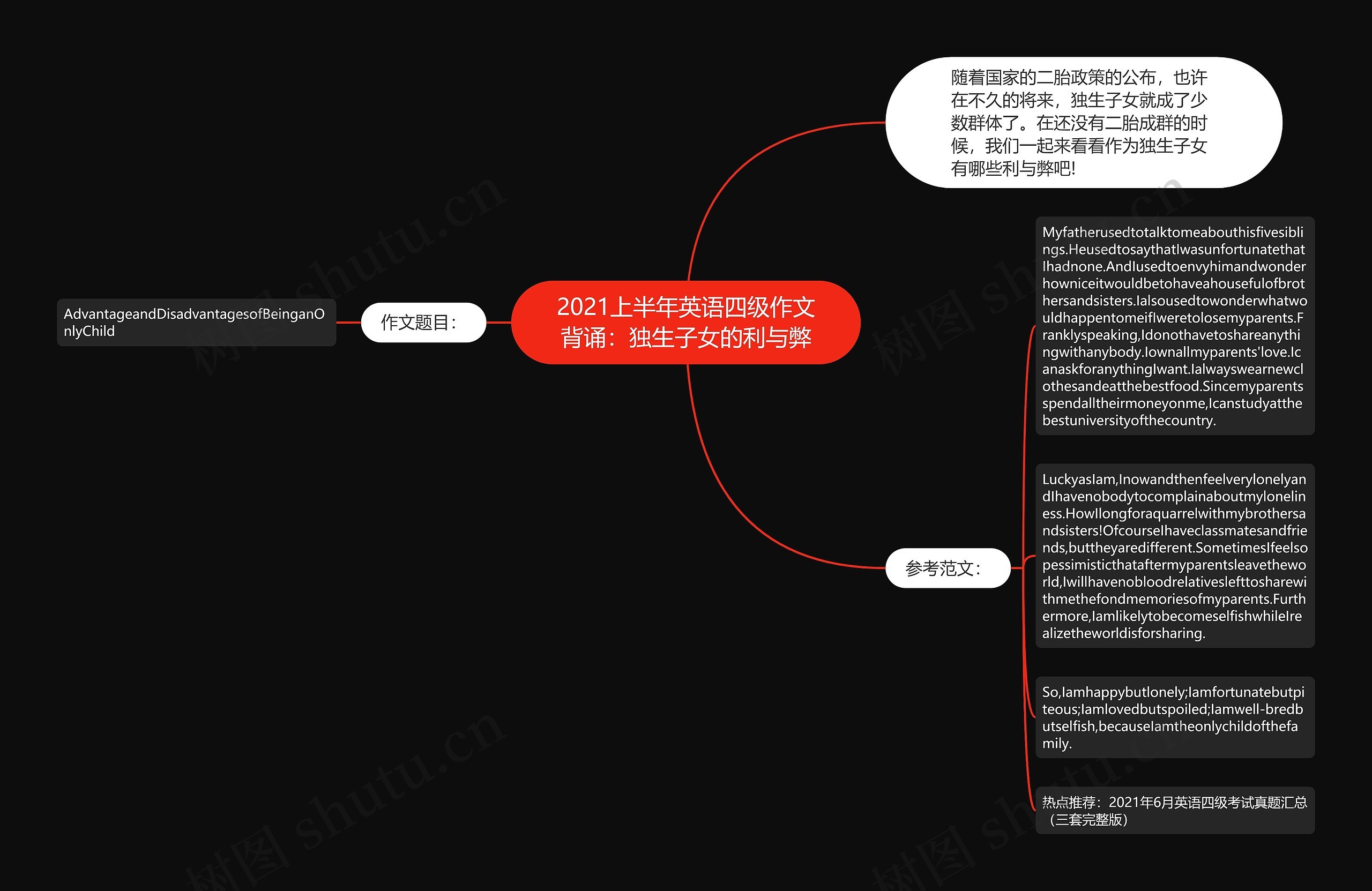 2021上半年英语四级作文背诵：独生子女的利与弊思维导图