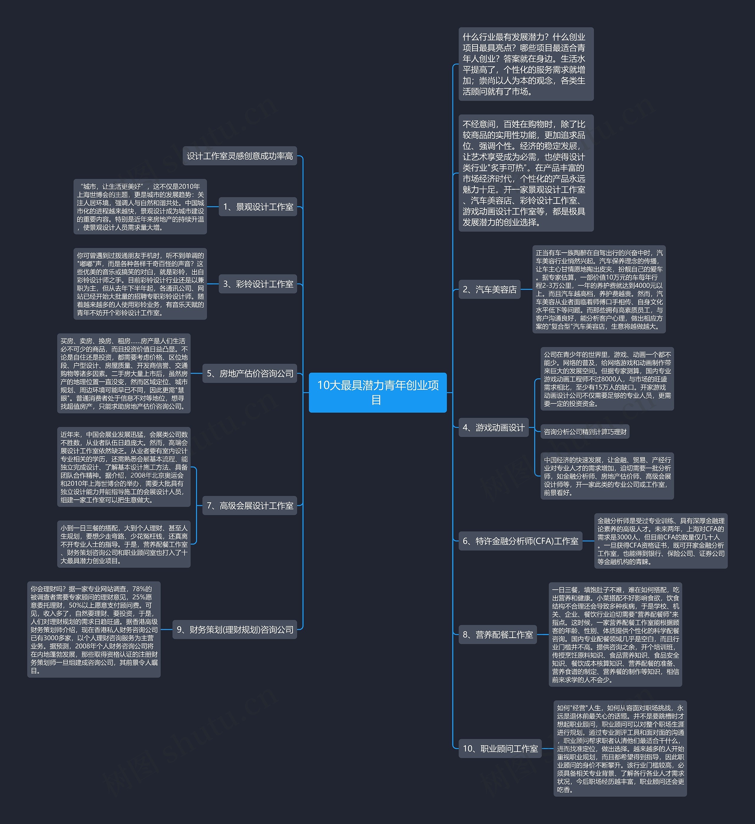 10大最具潜力青年创业项目 思维导图