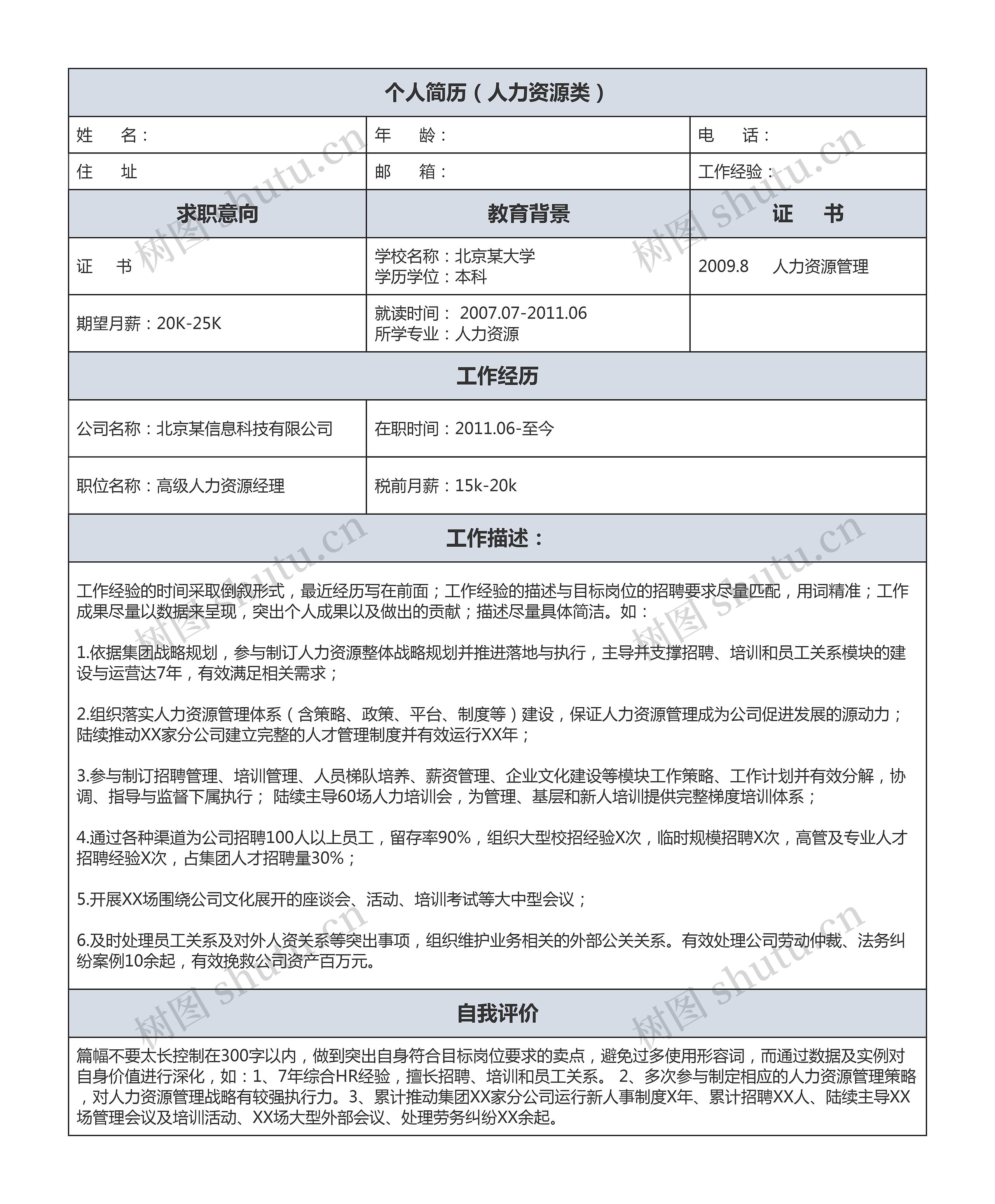 个人简历（人力资源类）