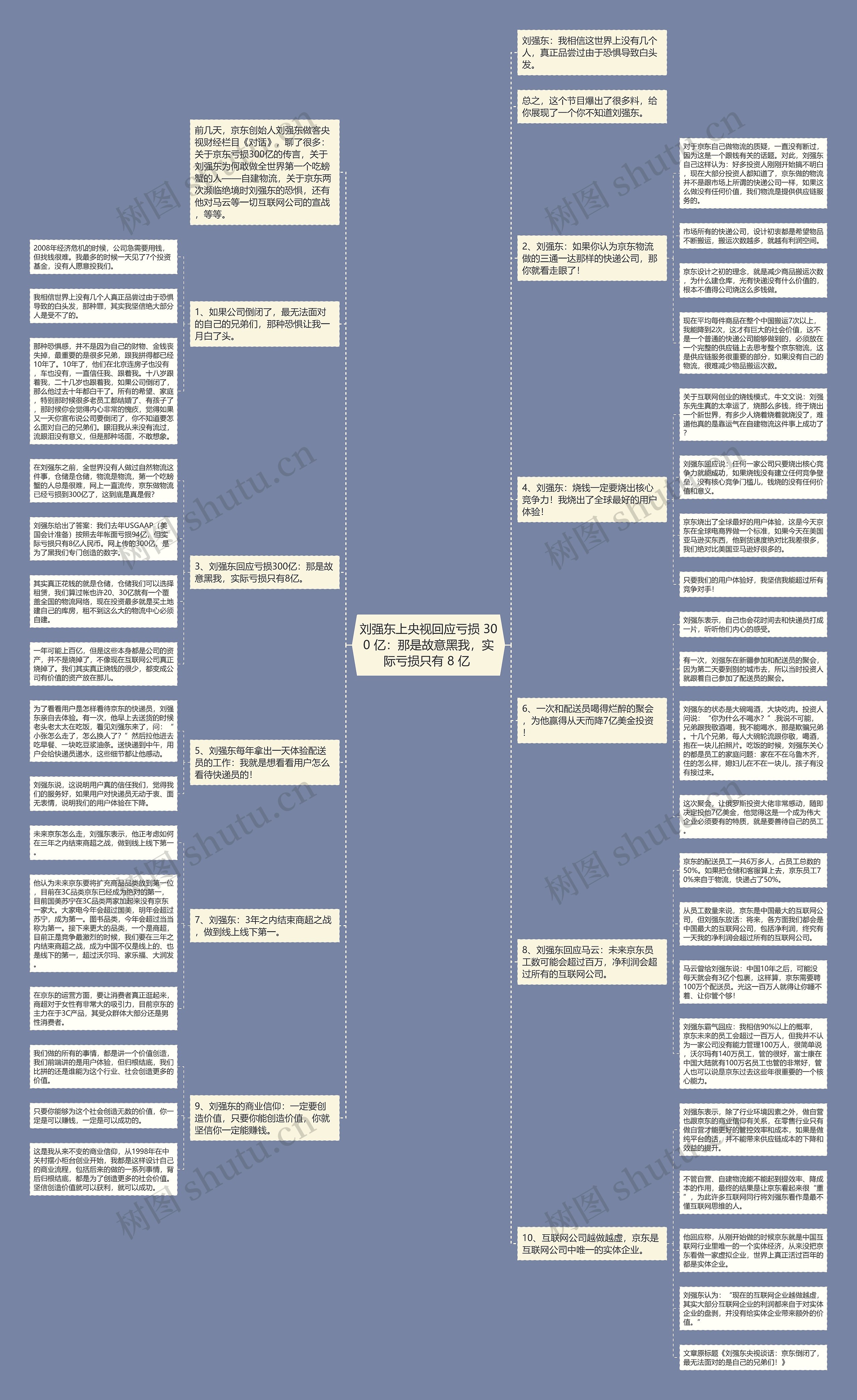 刘强东上央视回应亏损 300 亿：那是故意黑我，实际亏损只有 8 亿 思维导图