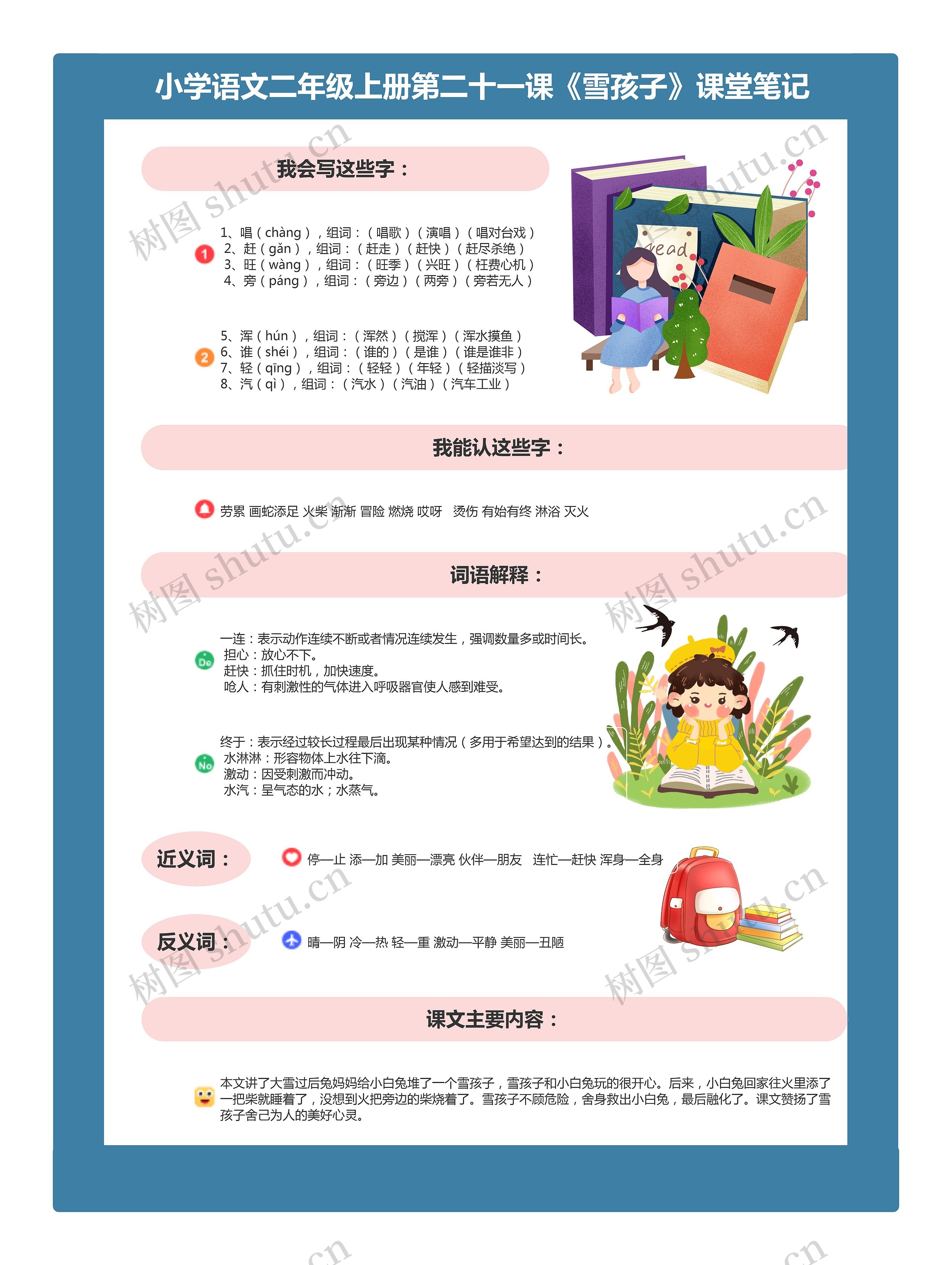 小学语文二年级上册第二十一课《雪孩子》课堂笔记