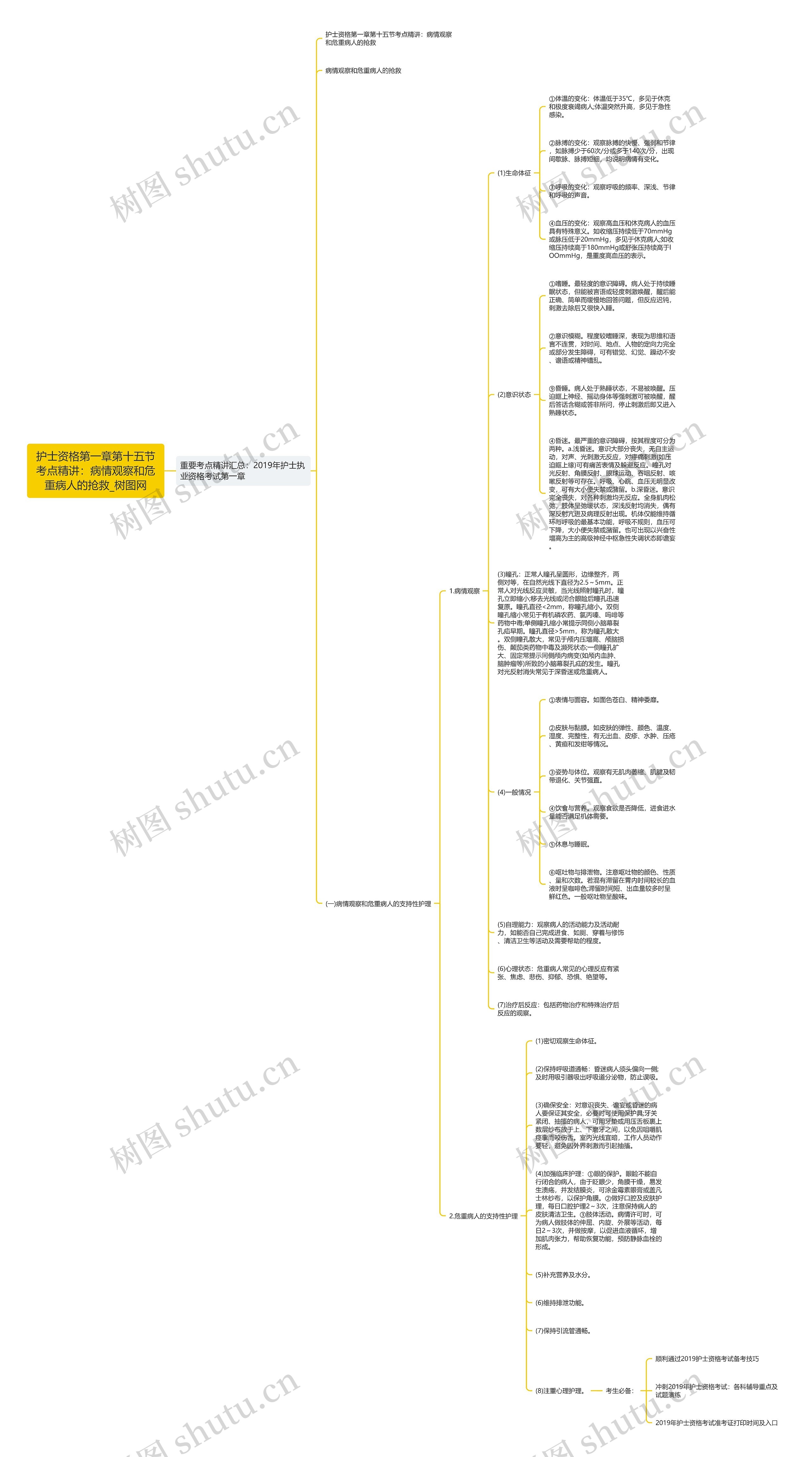 护士资格第一章第十五节考点精讲：病情观察和危重病人的抢救思维导图