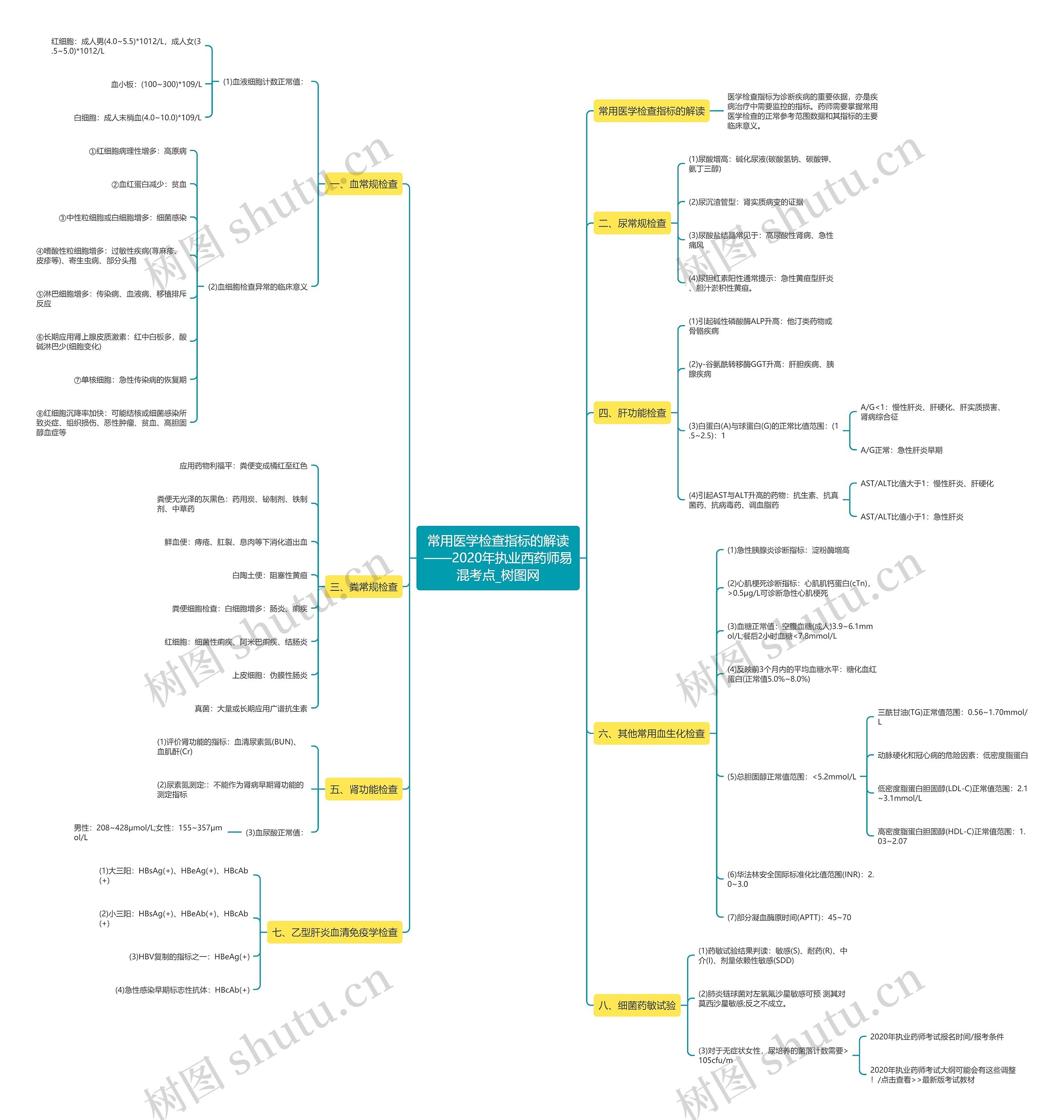 常用医学检查指标的解读——2020年执业西药师易混考点思维导图