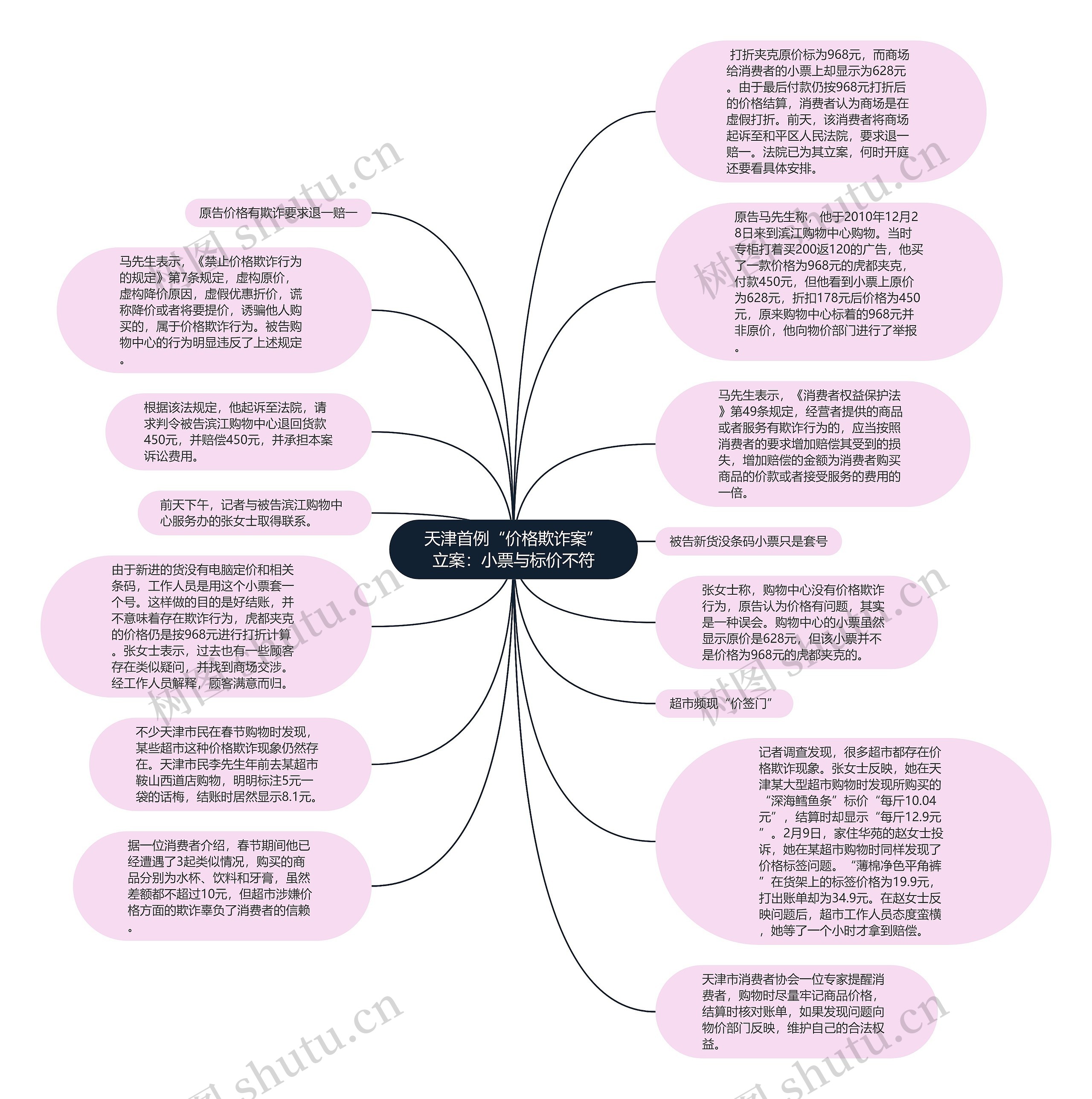 天津首例“价格欺诈案”立案：小票与标价不符思维导图