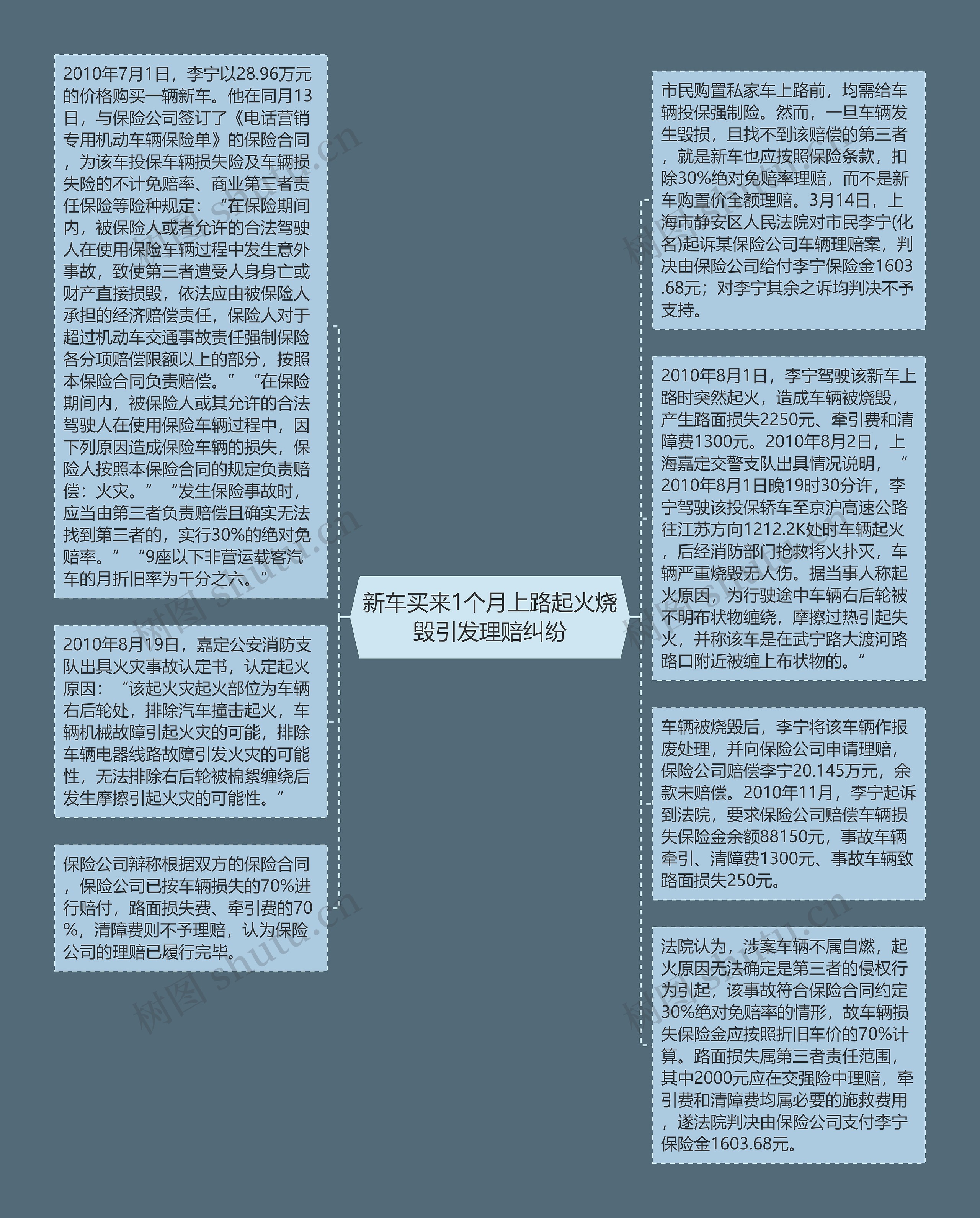 新车买来1个月上路起火烧毁引发理赔纠纷思维导图