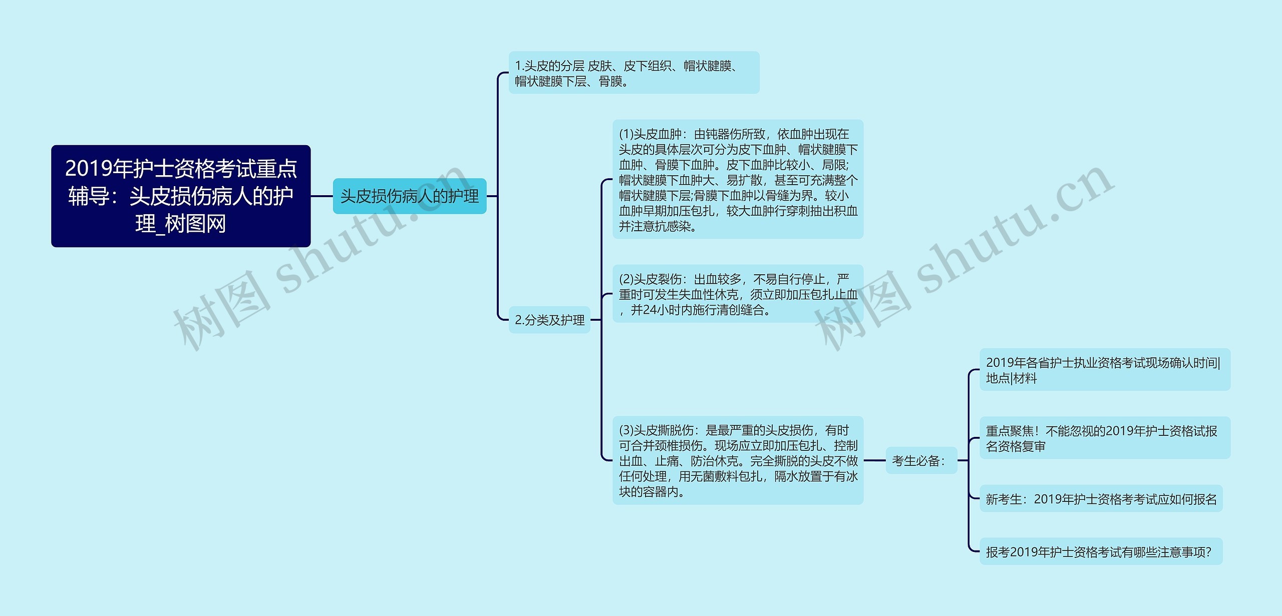 2019年护士资格考试重点辅导：头皮损伤病人的护理思维导图