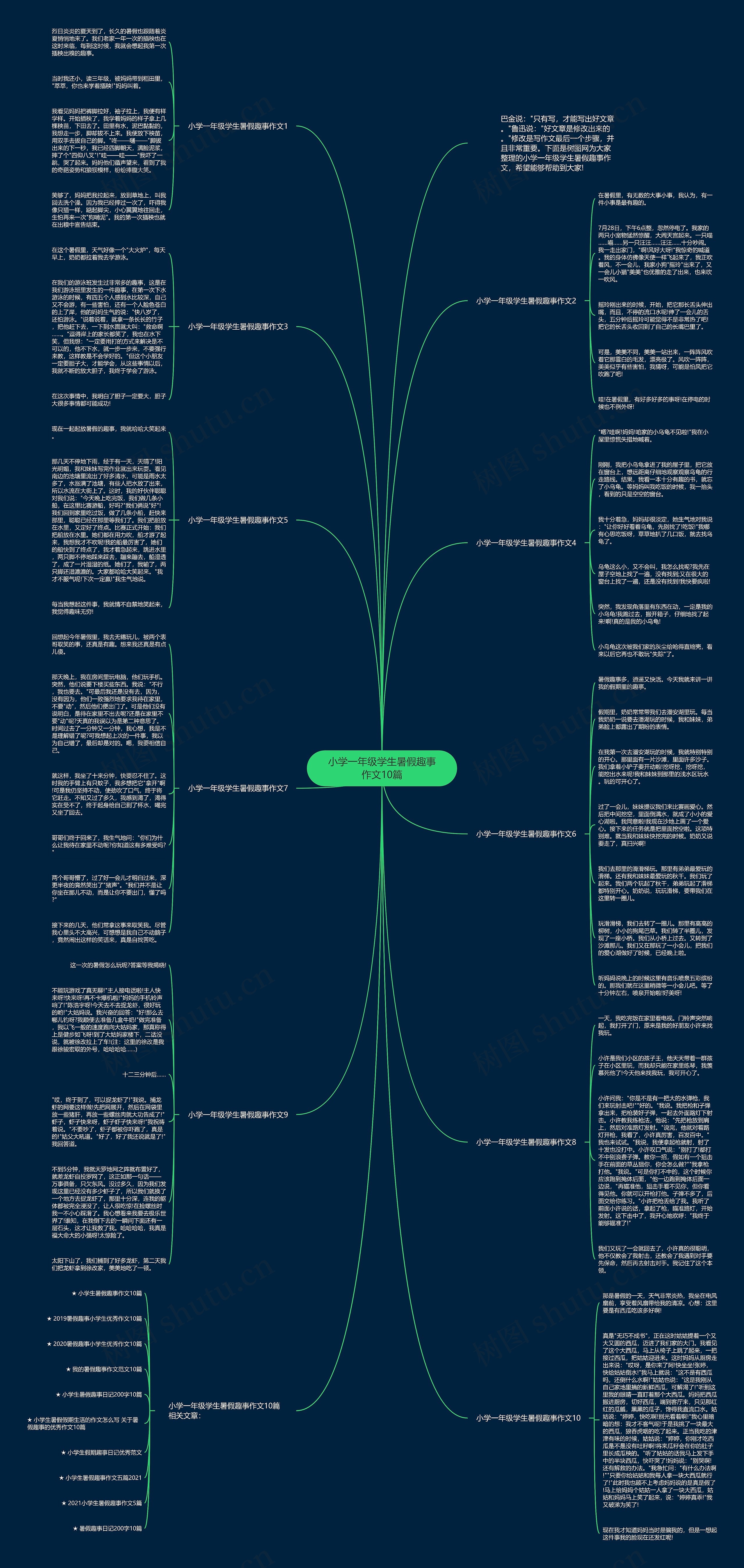 小学一年级学生暑假趣事作文10篇思维导图高清图 小学一年级学生暑假趣事作文10篇思维导图