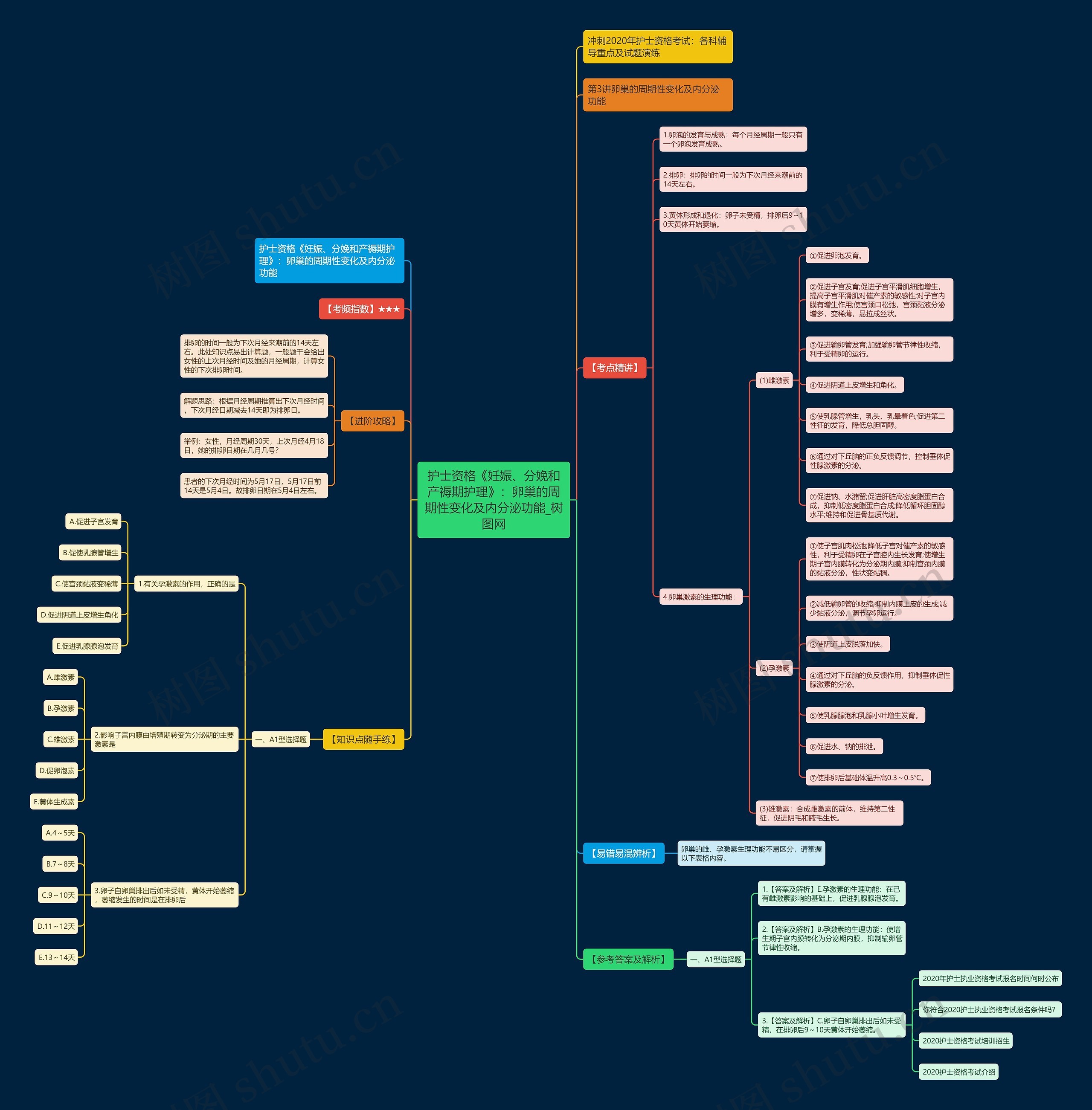 护士资格《妊娠、分娩和产褥期护理》：卵巢的周期性变化及内分泌功能思维导图