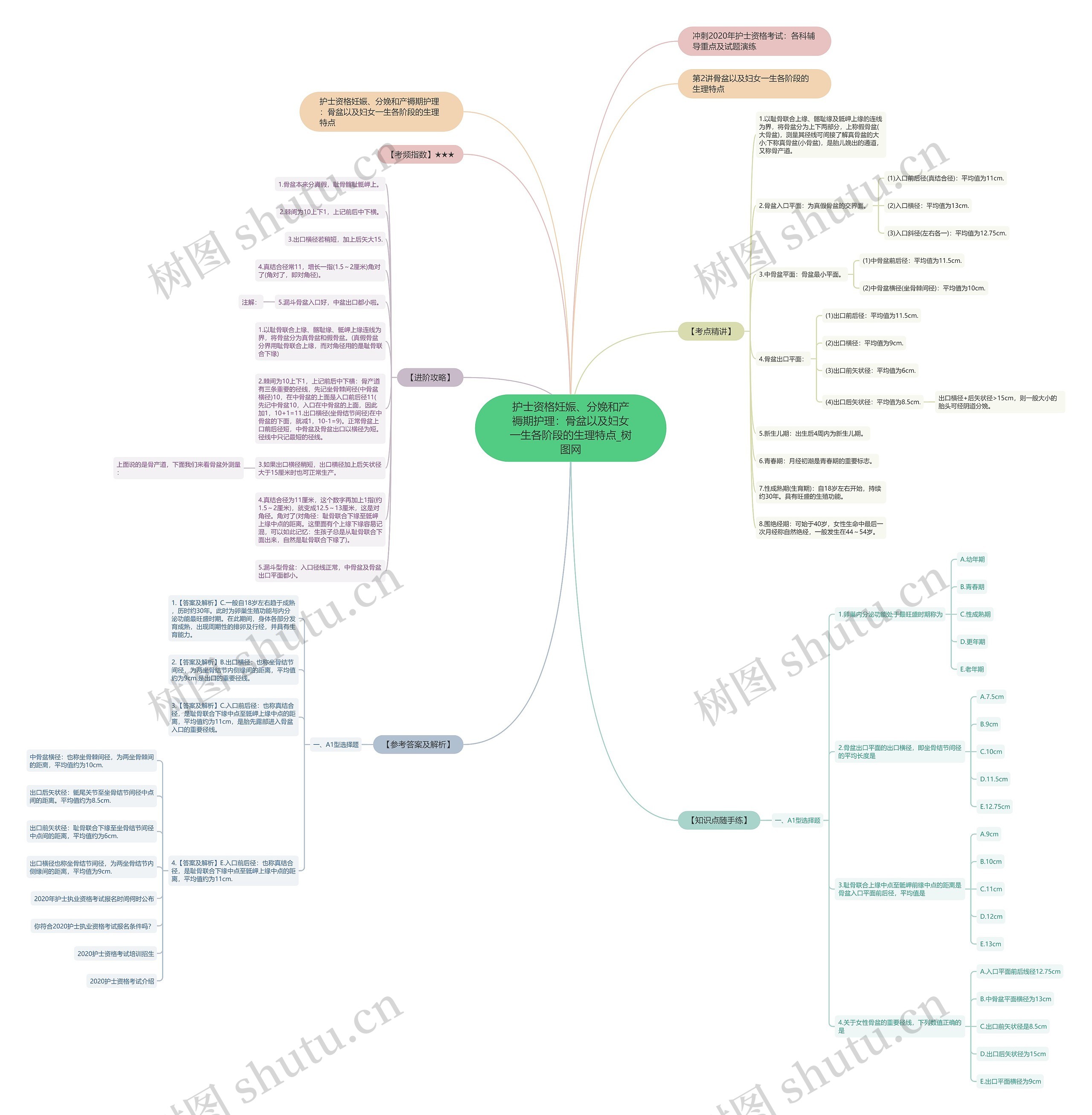 护士资格妊娠、分娩和产褥期护理：骨盆以及妇女一生各阶段的生理特点思维导图