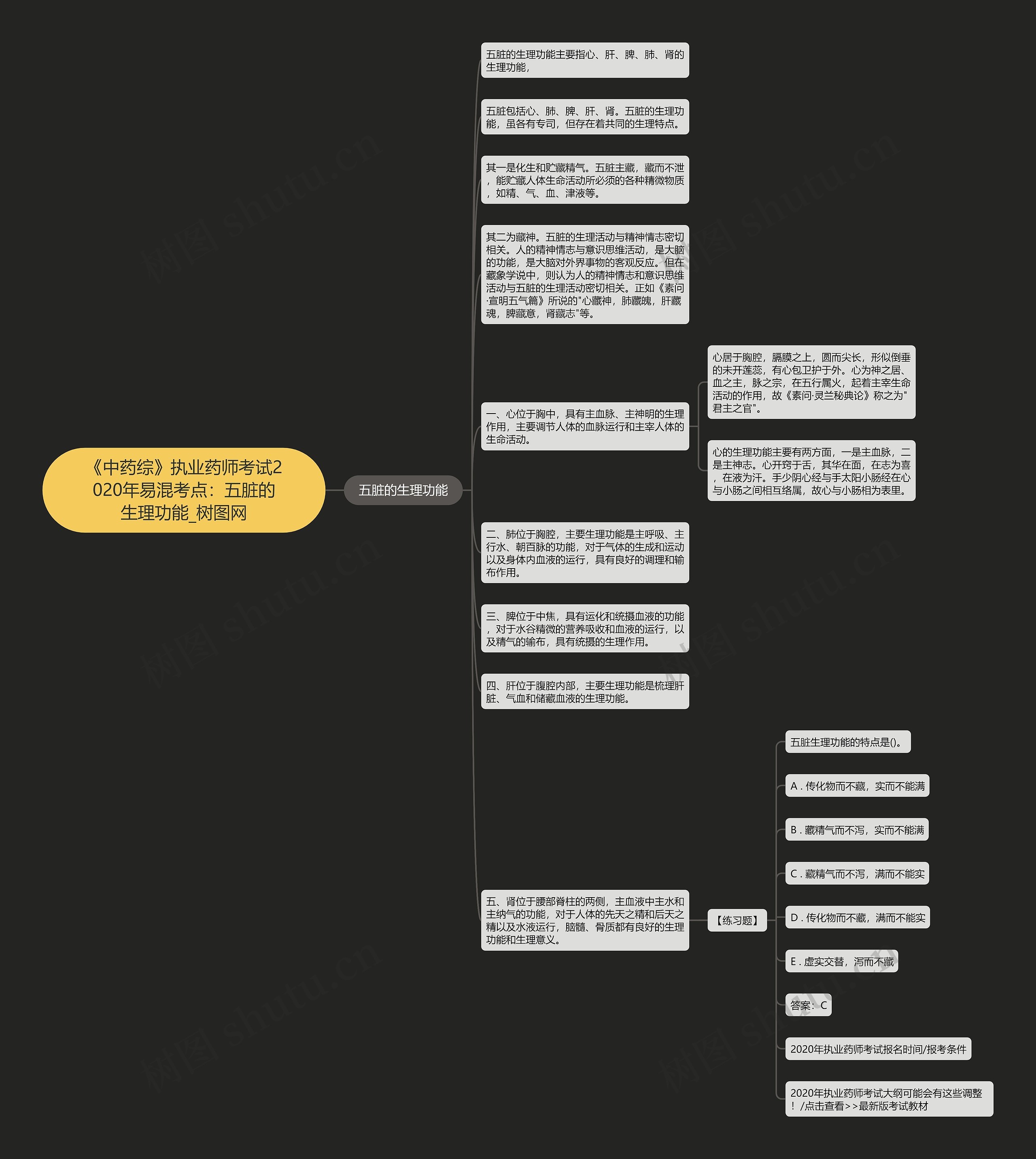 《中药综》执业药师考试2020年易混考点：五脏的生理功能思维导图