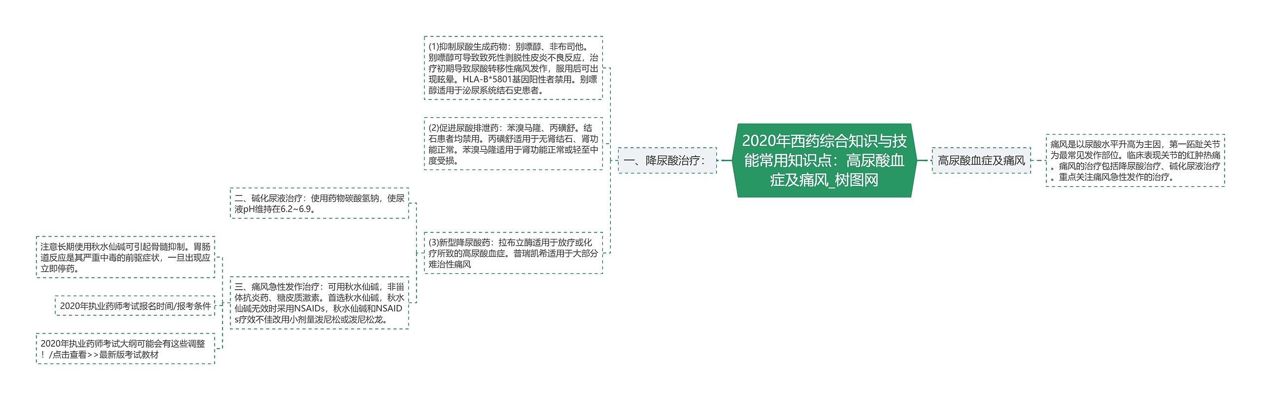 2020年西药综合知识与技能常用知识点：高尿酸血症及痛风思维导图