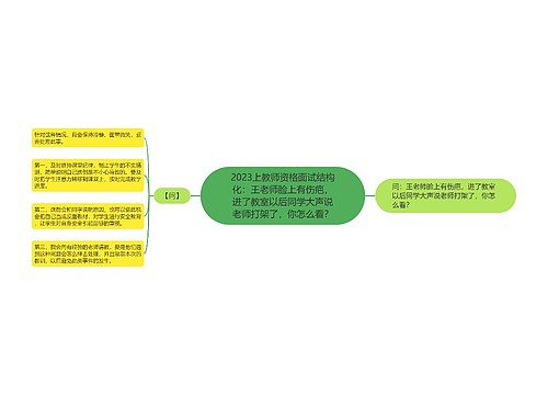 2023上教师资格面试结构化：王老师脸上有伤疤，进了教室以后同学大声说老师打架了，你怎么看？