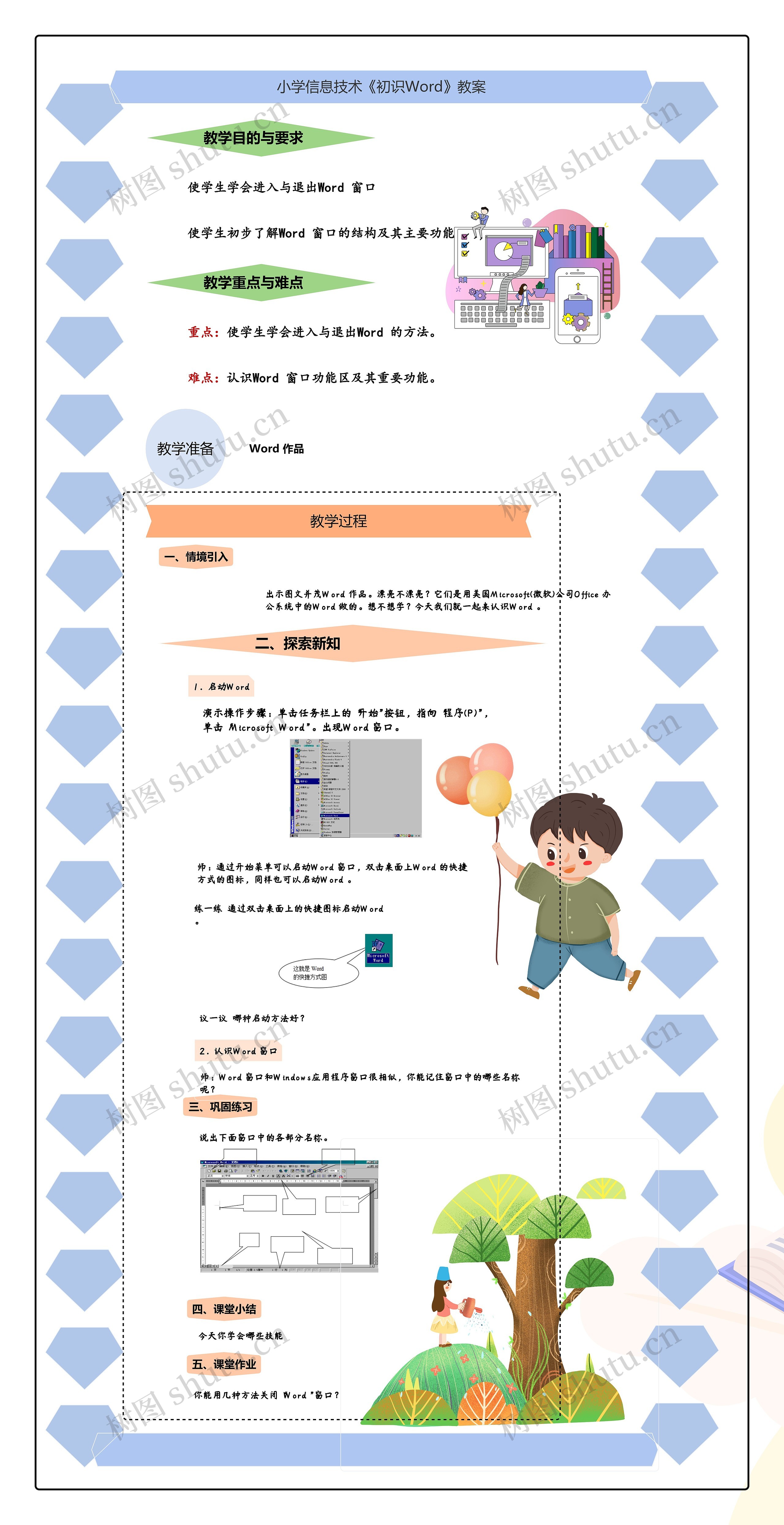 四年级小学信息技术《初识Word》教案思维导图