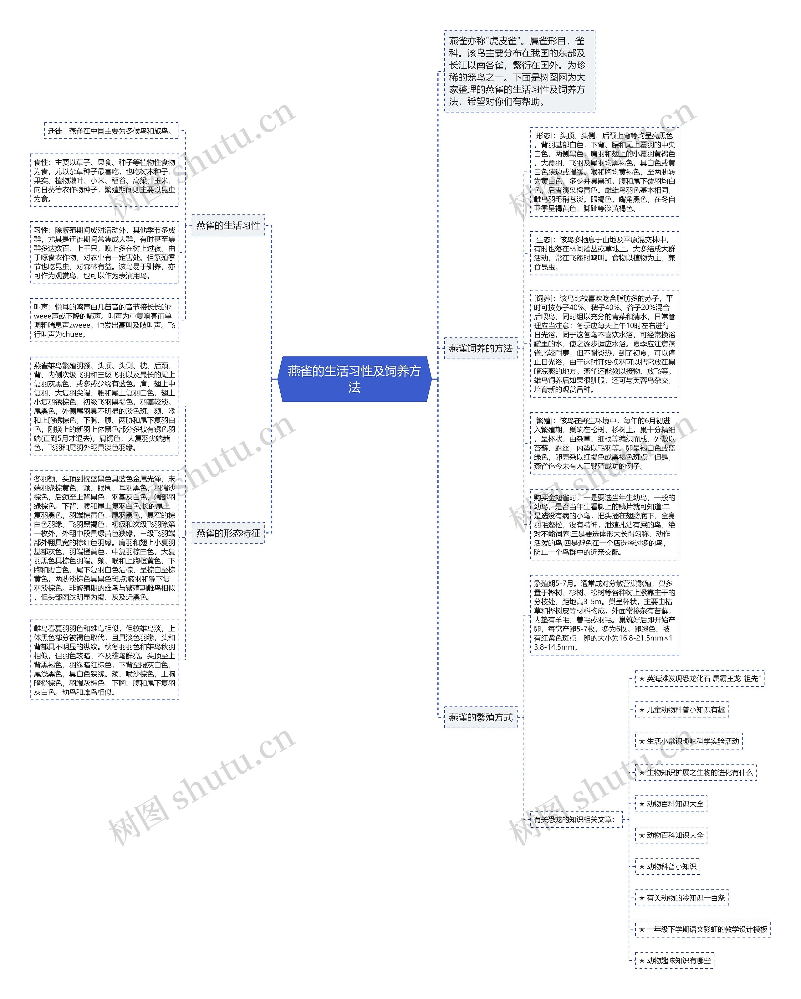 燕雀的生活习性及饲养方法思维导图