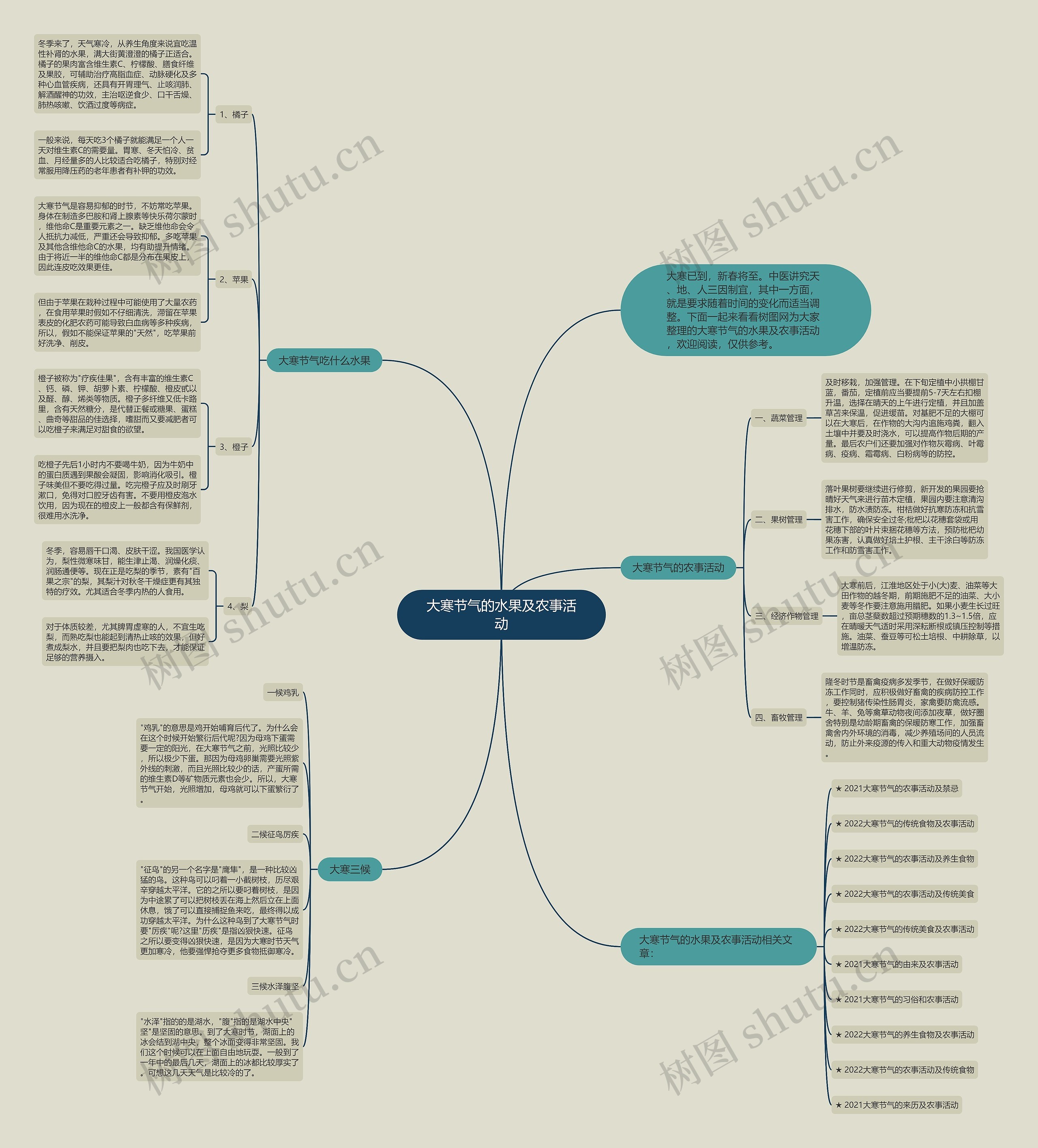大寒节气的水果及农事活动思维导图高清图 大寒节气的水果及农事活动思维导图