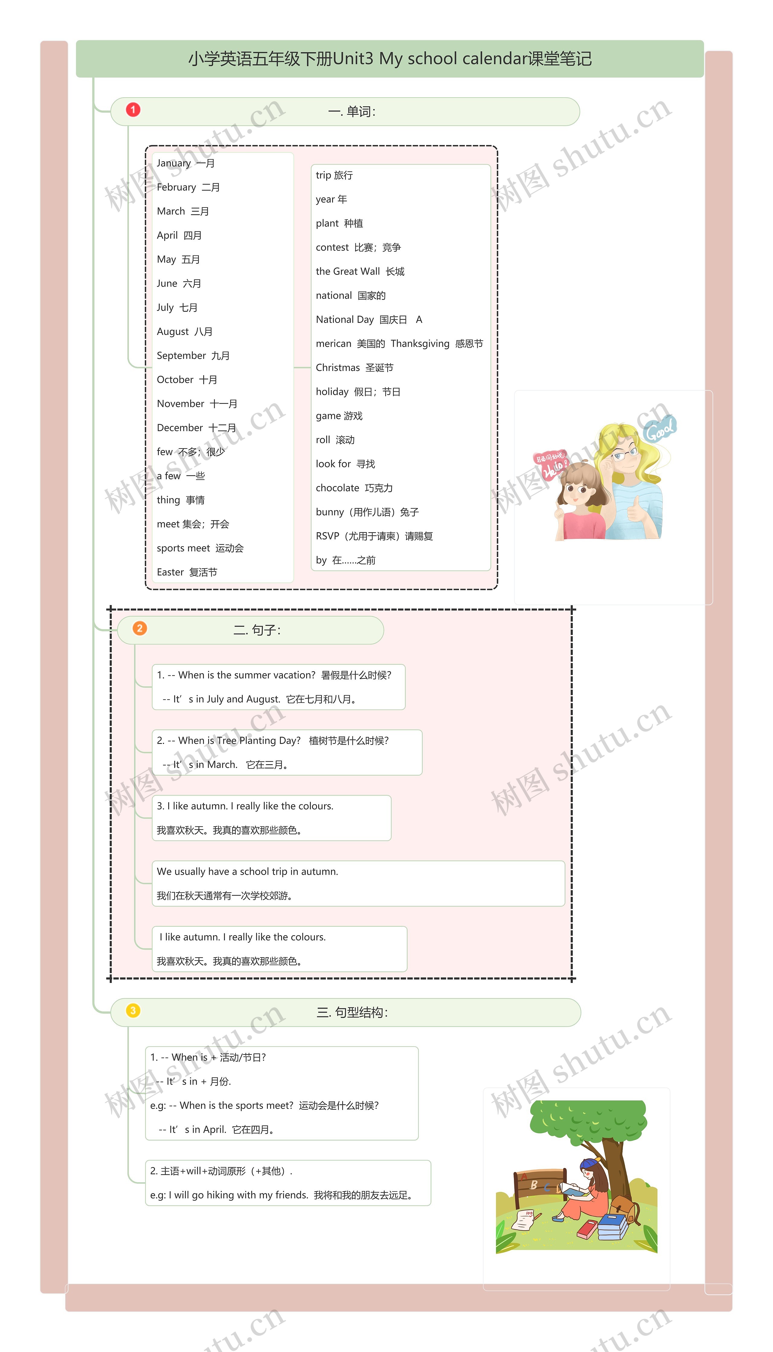 小学英语五年级下册Unit3	My school calendar课堂笔记