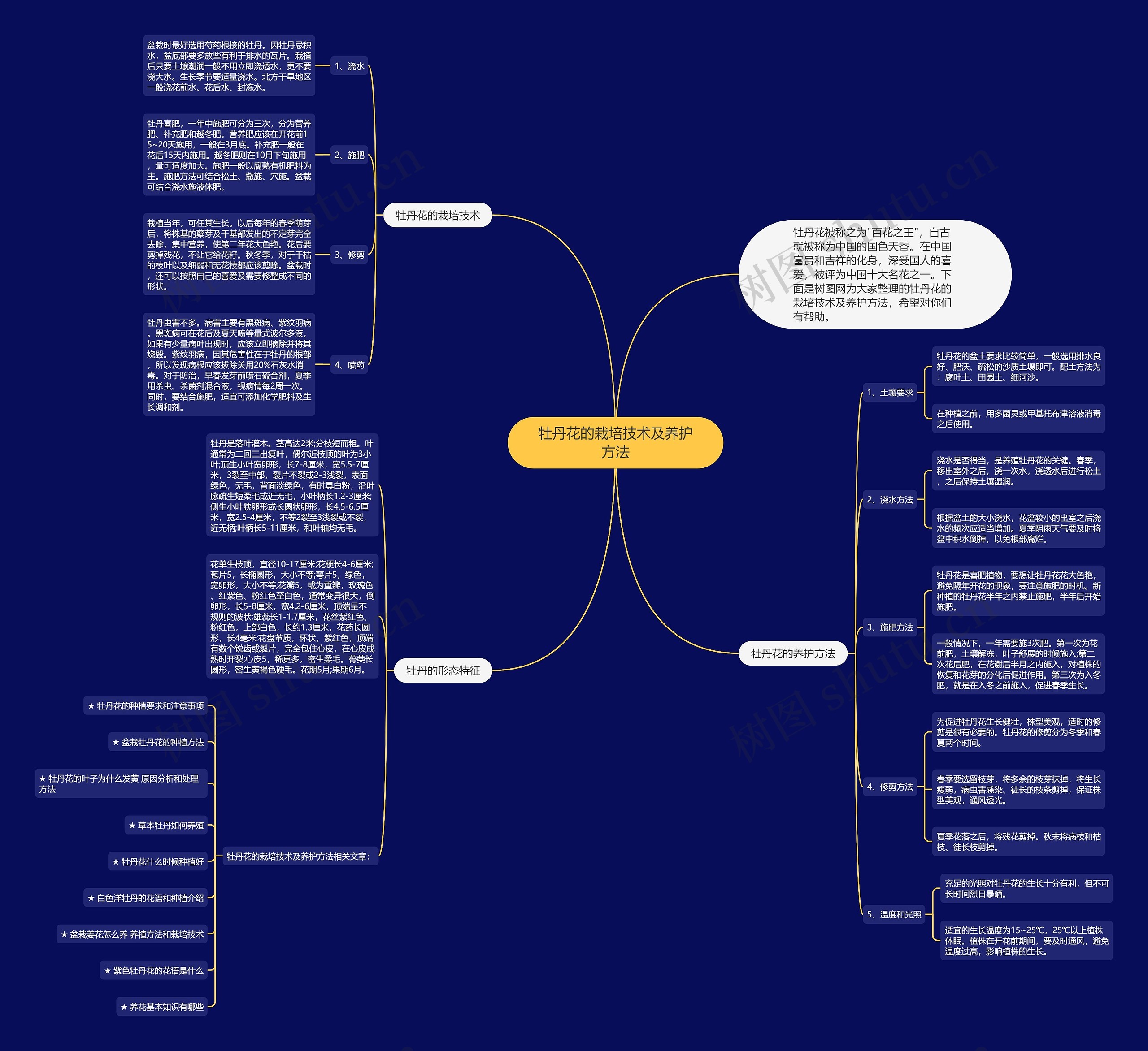 牡丹花的栽培技术及养护方法思维导图