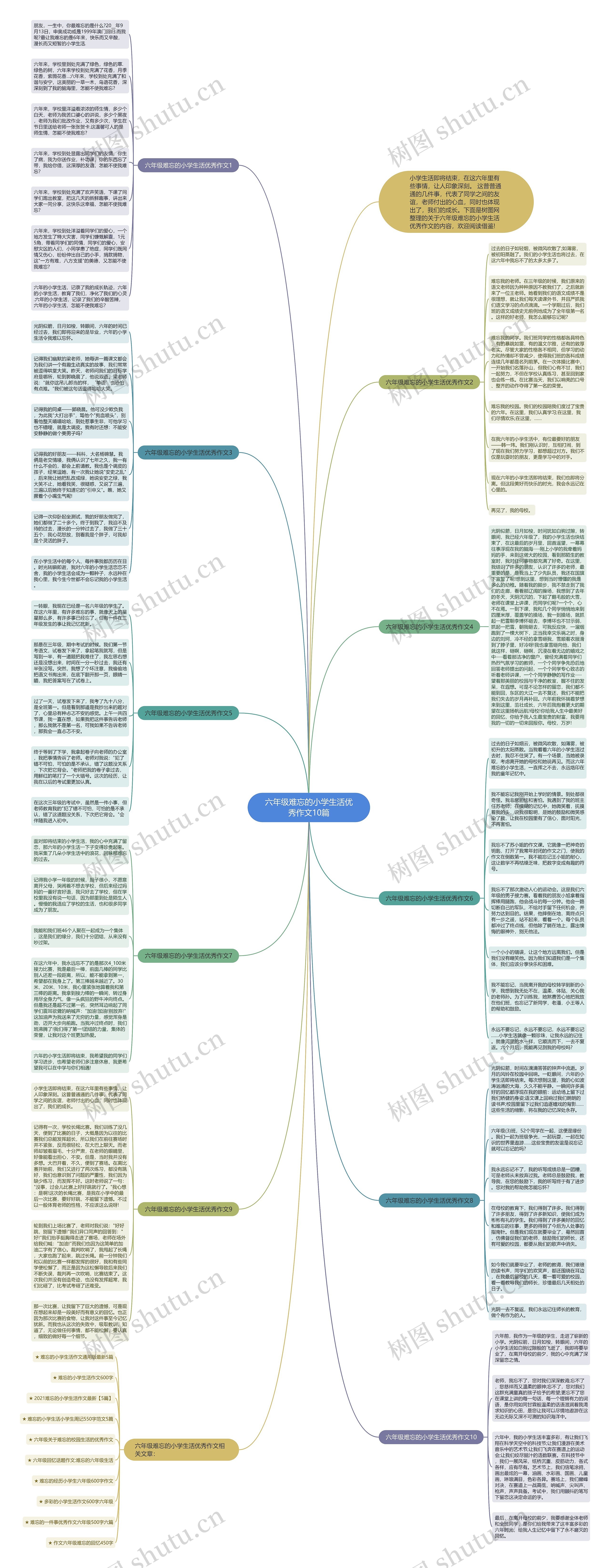 六年级难忘的小学生活优秀作文10篇思维导图高清图 六年级难忘的小学生活优秀作文10篇思维导图