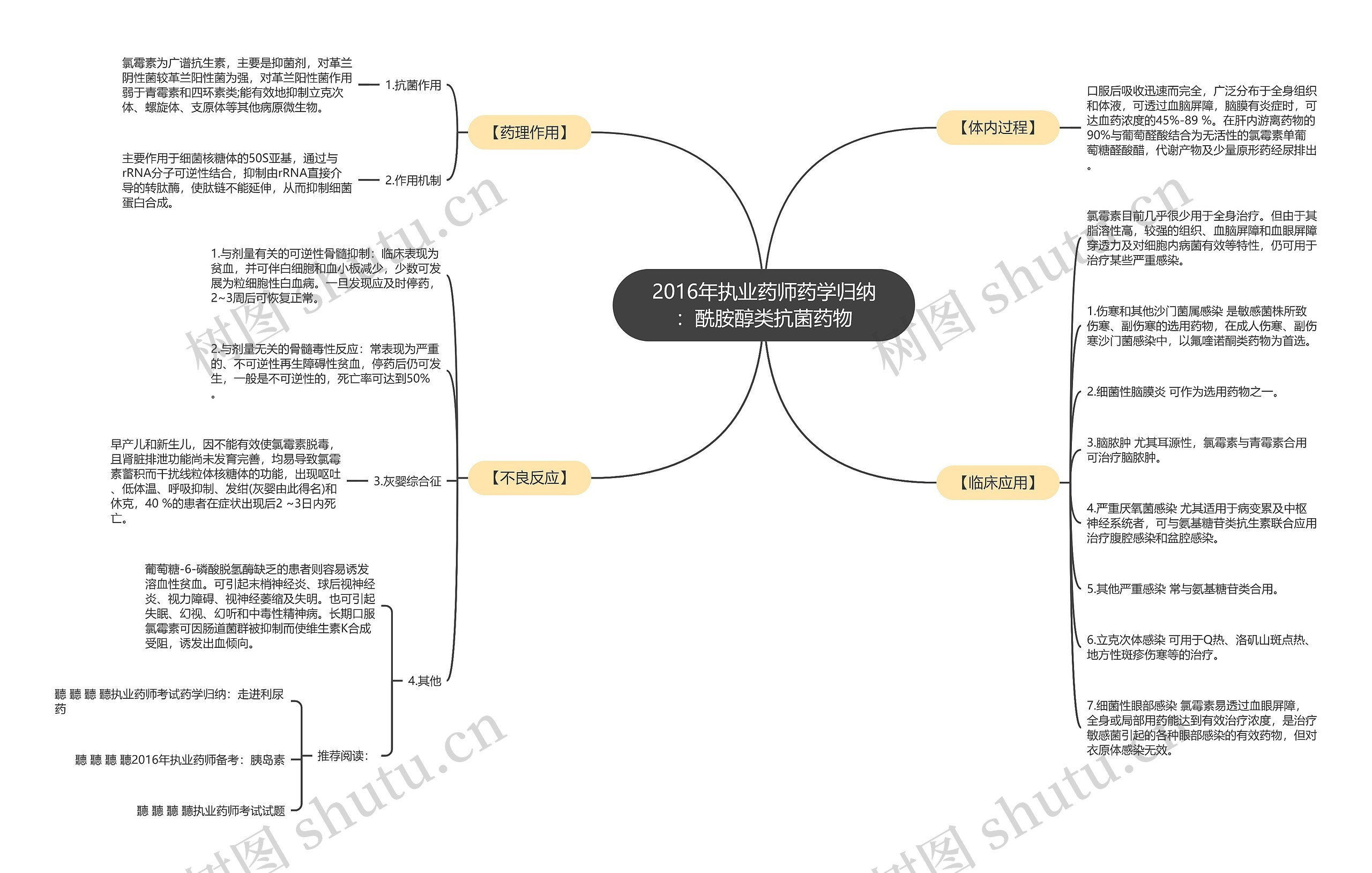 2016年执业药师药学归纳：酰胺醇类抗菌药物思维导图