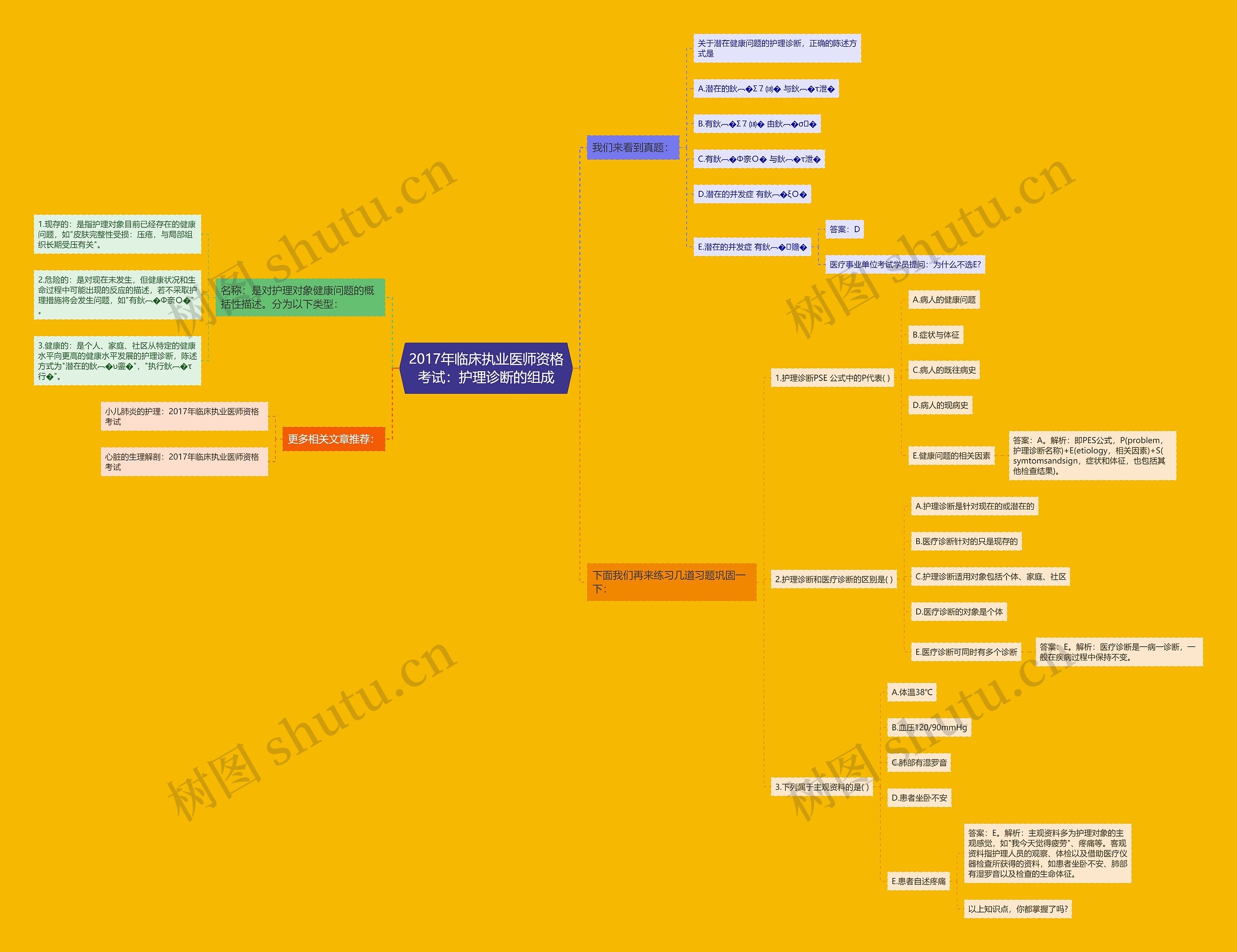 2017年临床执业医师资格考试：护理诊断的组成思维导图