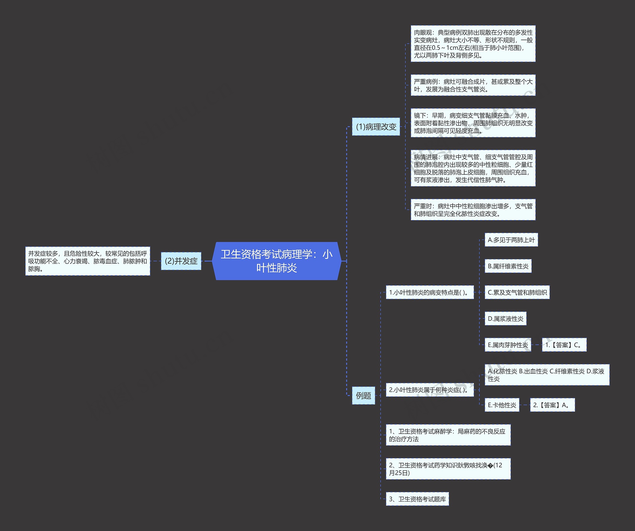 卫生资格考试病理学：小叶性肺炎思维导图