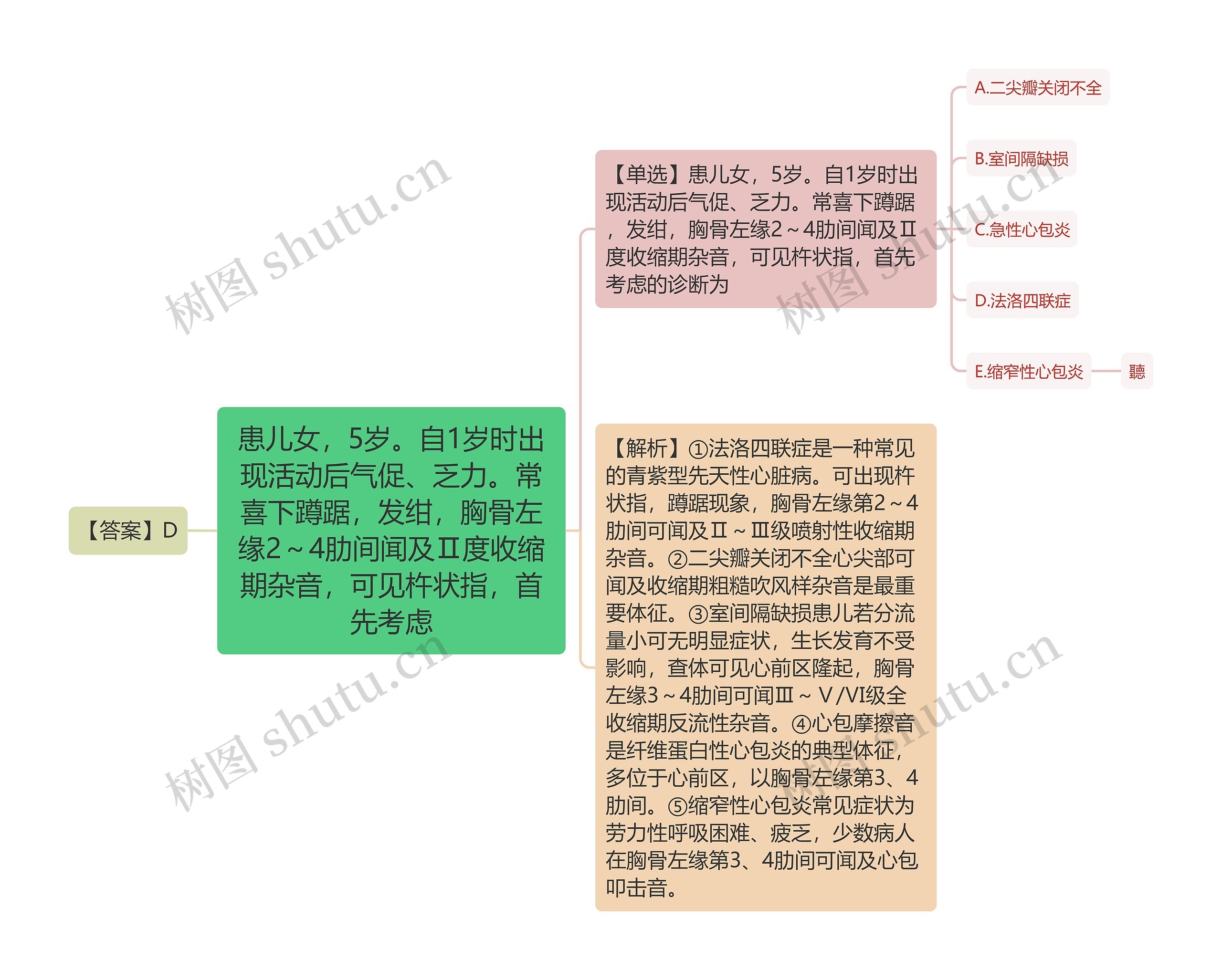 患儿女，5岁。自1岁时出现活动后气促、乏力。常喜下蹲踞，发绀，胸骨左缘2～4肋间闻及Ⅱ度收缩期杂音，可见杵状指，首先考虑思维导图