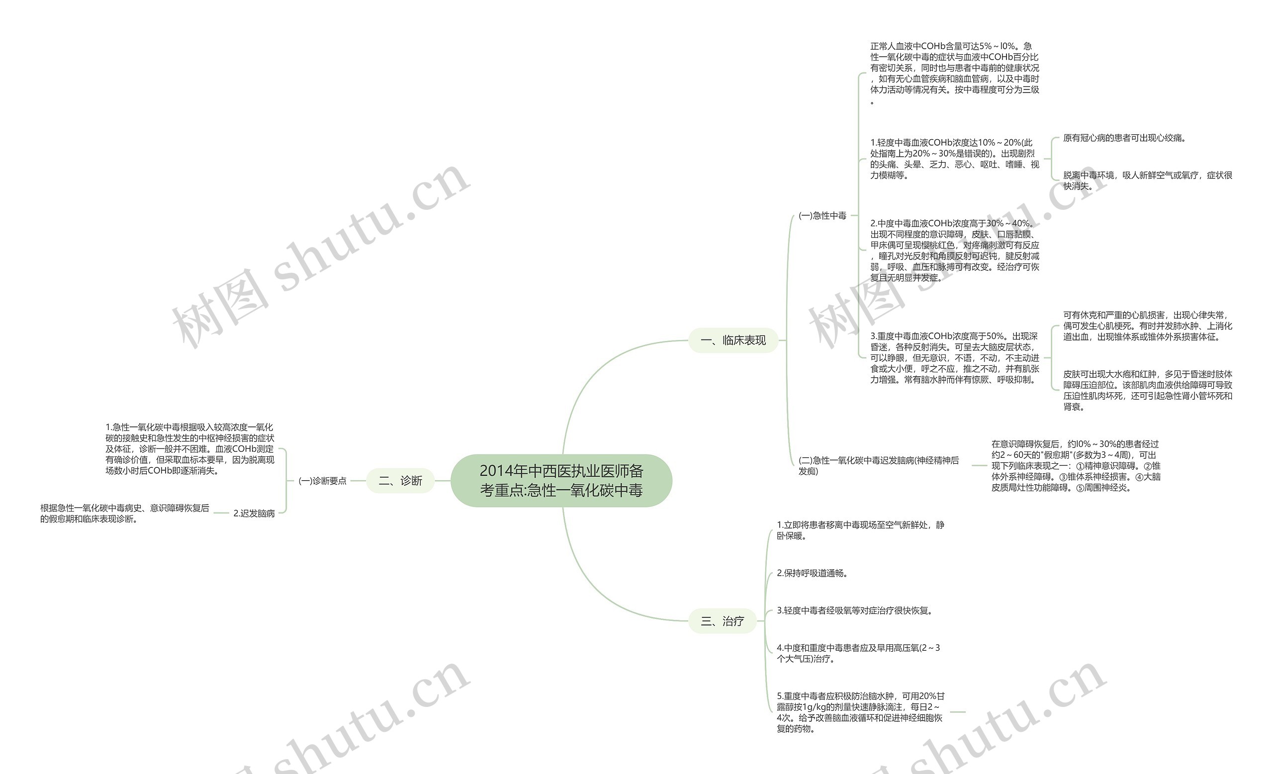 2014年中西医执业医师备考重点:急性一氧化碳中毒思维导图