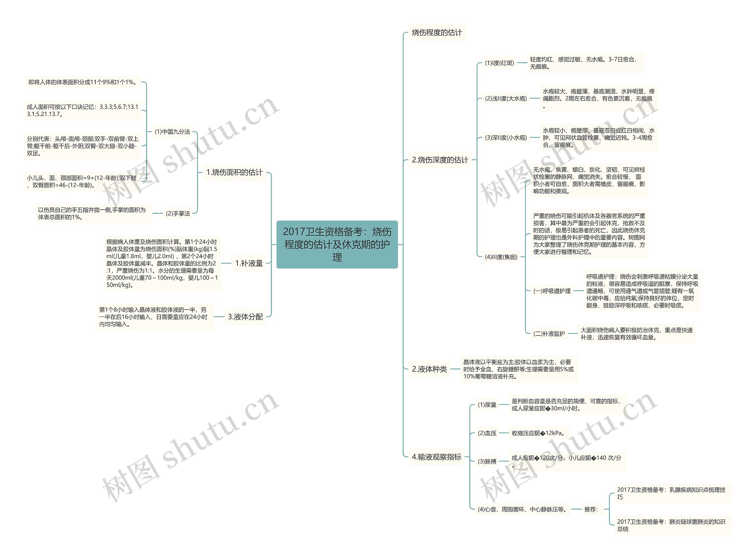 2017卫生资格备考：烧伤程度的估计及休克期的护理思维导图