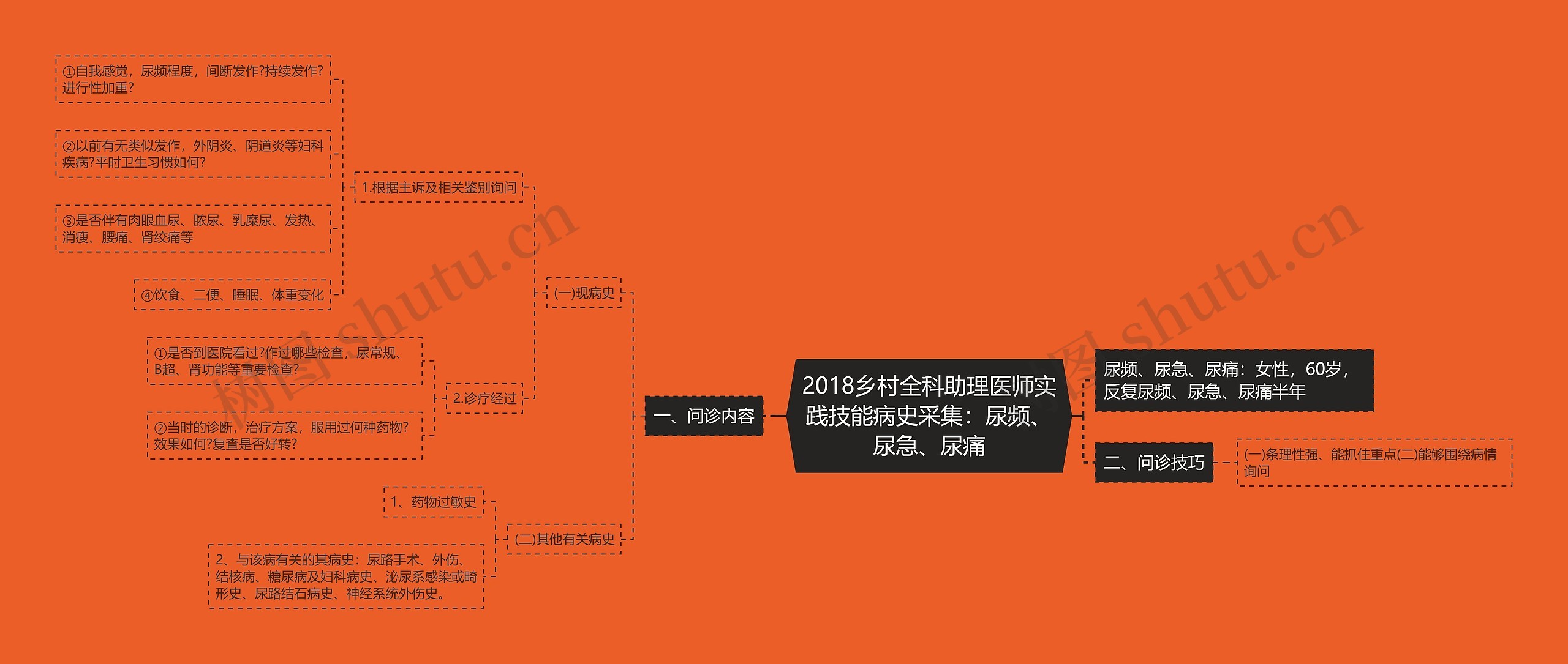 2018乡村全科助理医师实践技能病史采集：尿频、尿急、尿痛思维导图