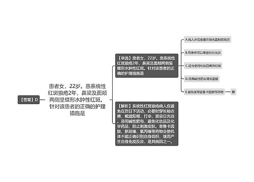 患者女，22岁。患系统性红斑狼疮2年，鼻梁及面颊两侧呈蝶形水肿性红斑。针对该患者的正确的护理措施是